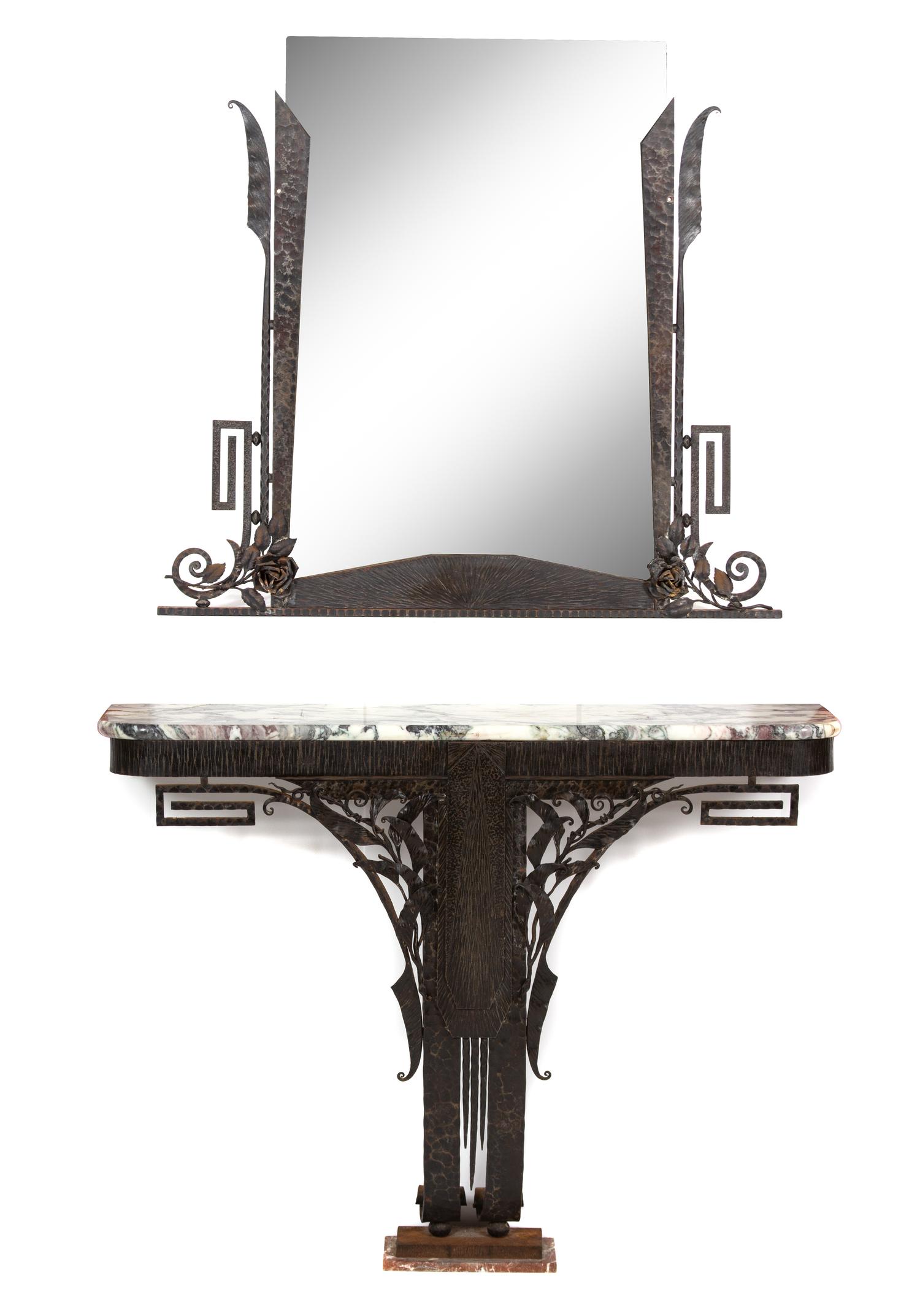 An Art Deco Iron Work and Marble Top Console Table with Mirror Height of console 32 x width 39 x 10 inches. — 20TH CENTURY