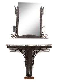 An Art Deco Iron Work and Marble Top Console Table with Mirror Height of console 32 x width 39 x 10 inches. — 20TH CENTURY