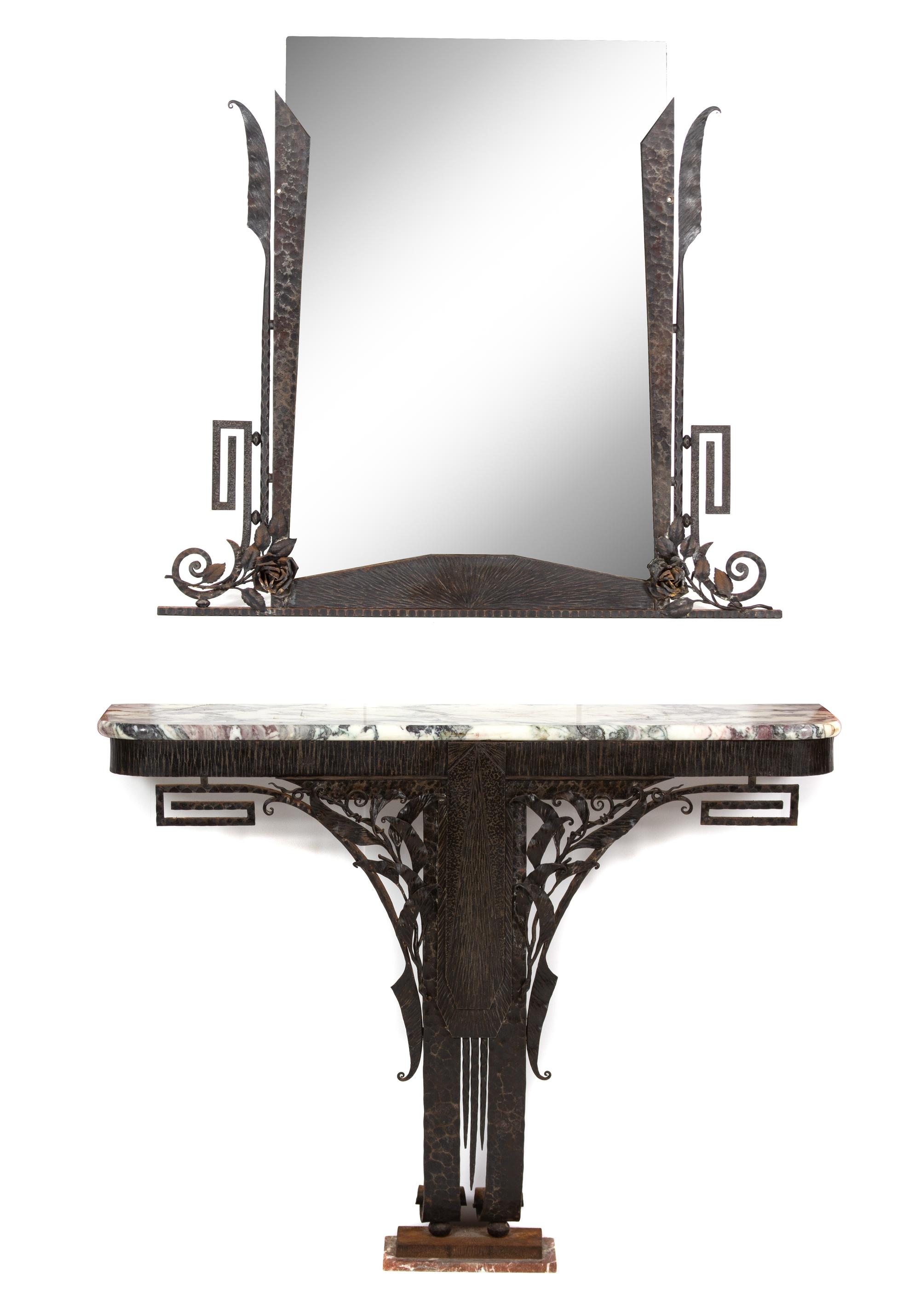 An Art Deco Iron Work and Marble Top Console Table with Mirror Height of console 32 x width 39 x 10 inches. — 20TH CENTURY