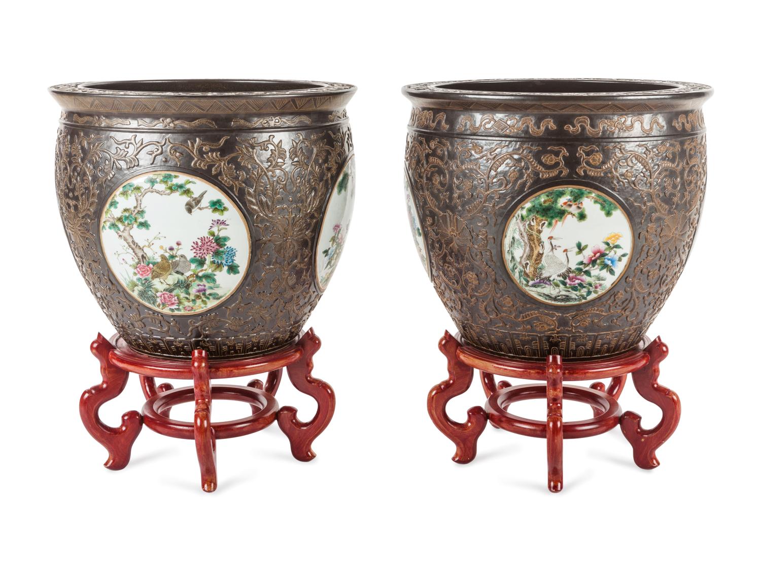 A Pair of Large Chinese Export Brown-Glazed Porcelain Jardinières with Stands — 20TH CENTURY