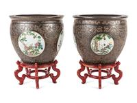 A Pair of Large Chinese Export Brown-Glazed Porcelain Jardinières with Stands — 20TH CENTURY