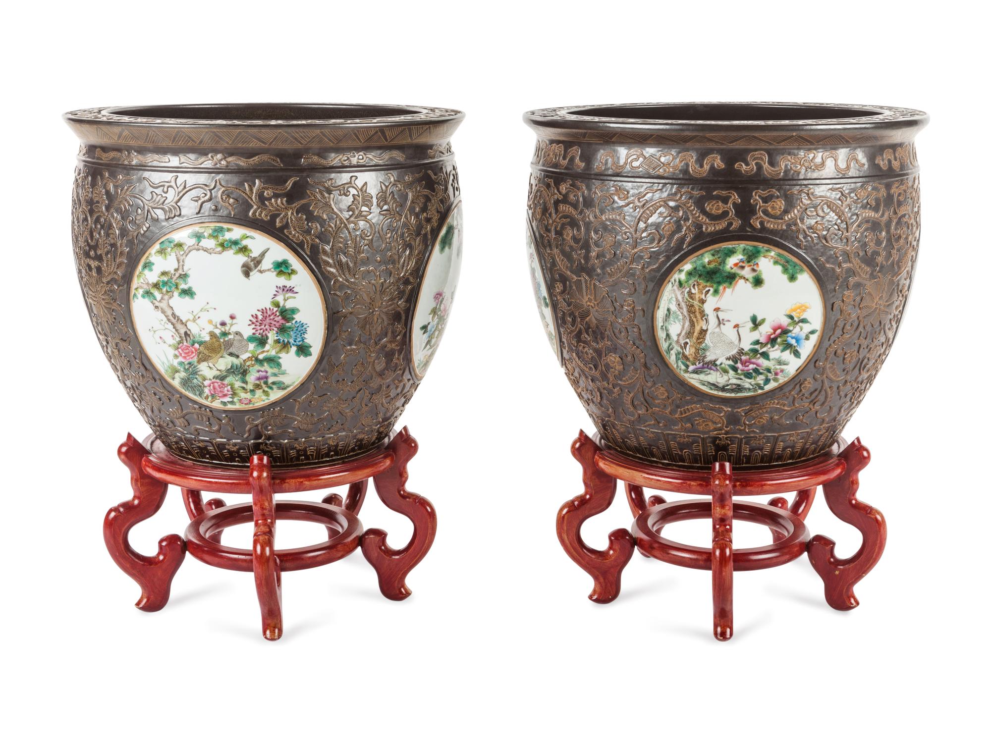A Pair of Large Chinese Export Brown-Glazed Porcelain Jardinières with Stands — 20TH CENTURY