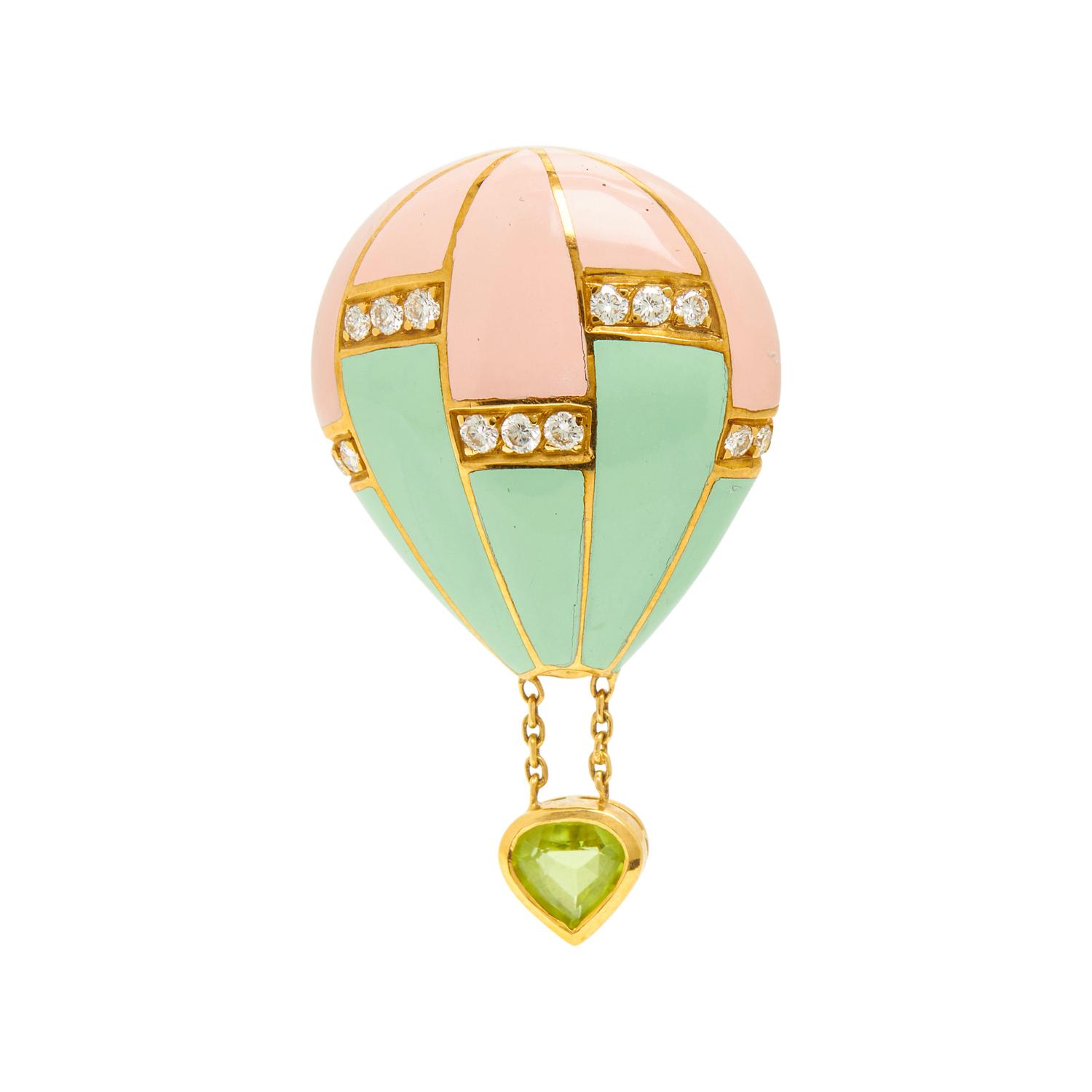 FRED, YELLOW GOLD, ENAMEL, DIAMOND, AND PERIDOT HOT AIR BALLOON PIN, FRANCE