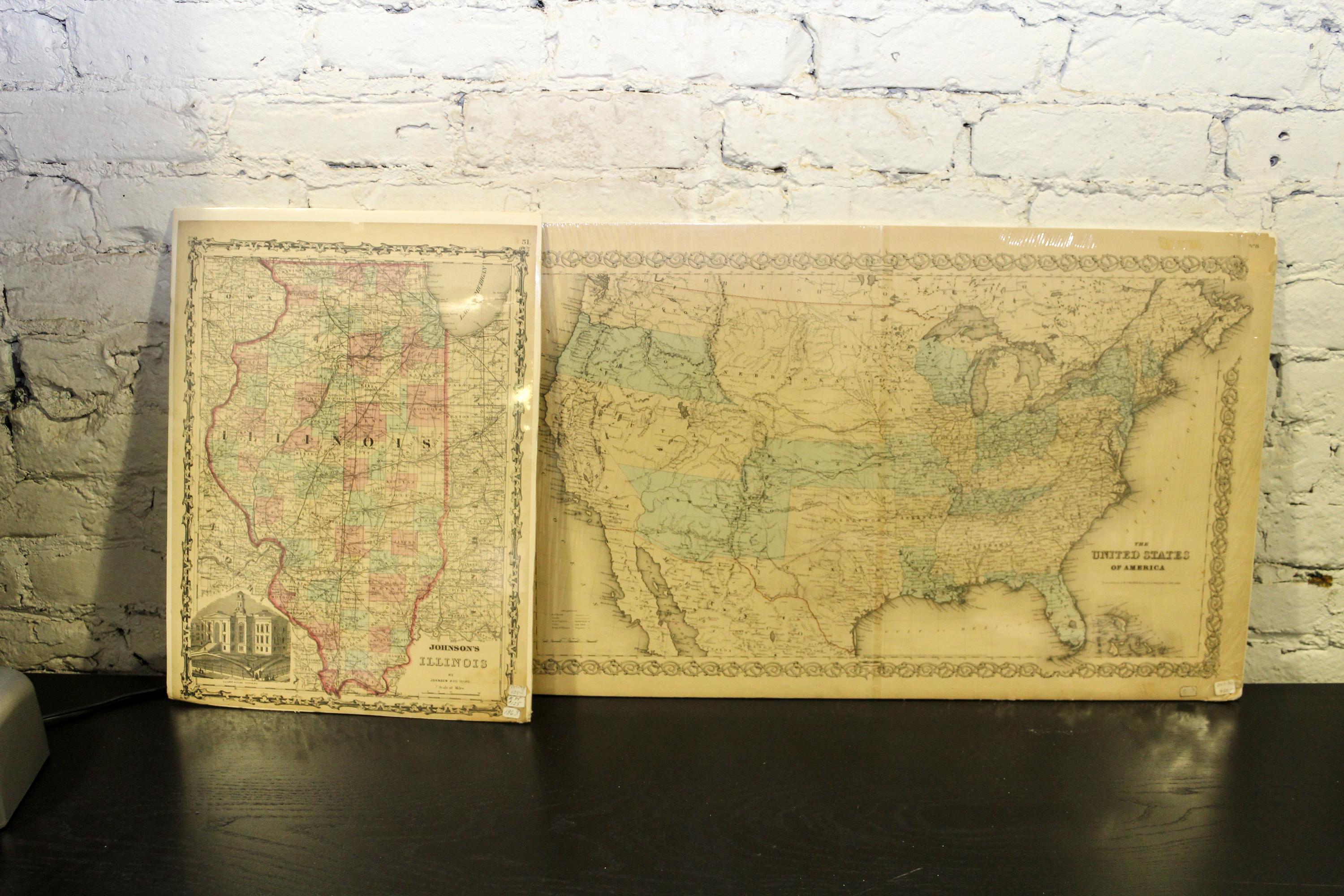 PRINTS (MAPS) Group of 61 maps, largely of the state of Illinois. Various publishers, various dates.