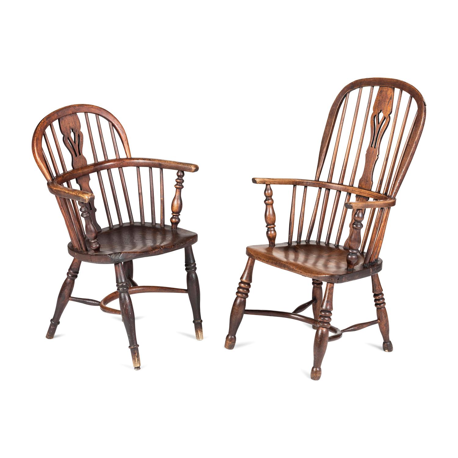 Two English Oak/Elm Carved Windsor Arm Chairs
