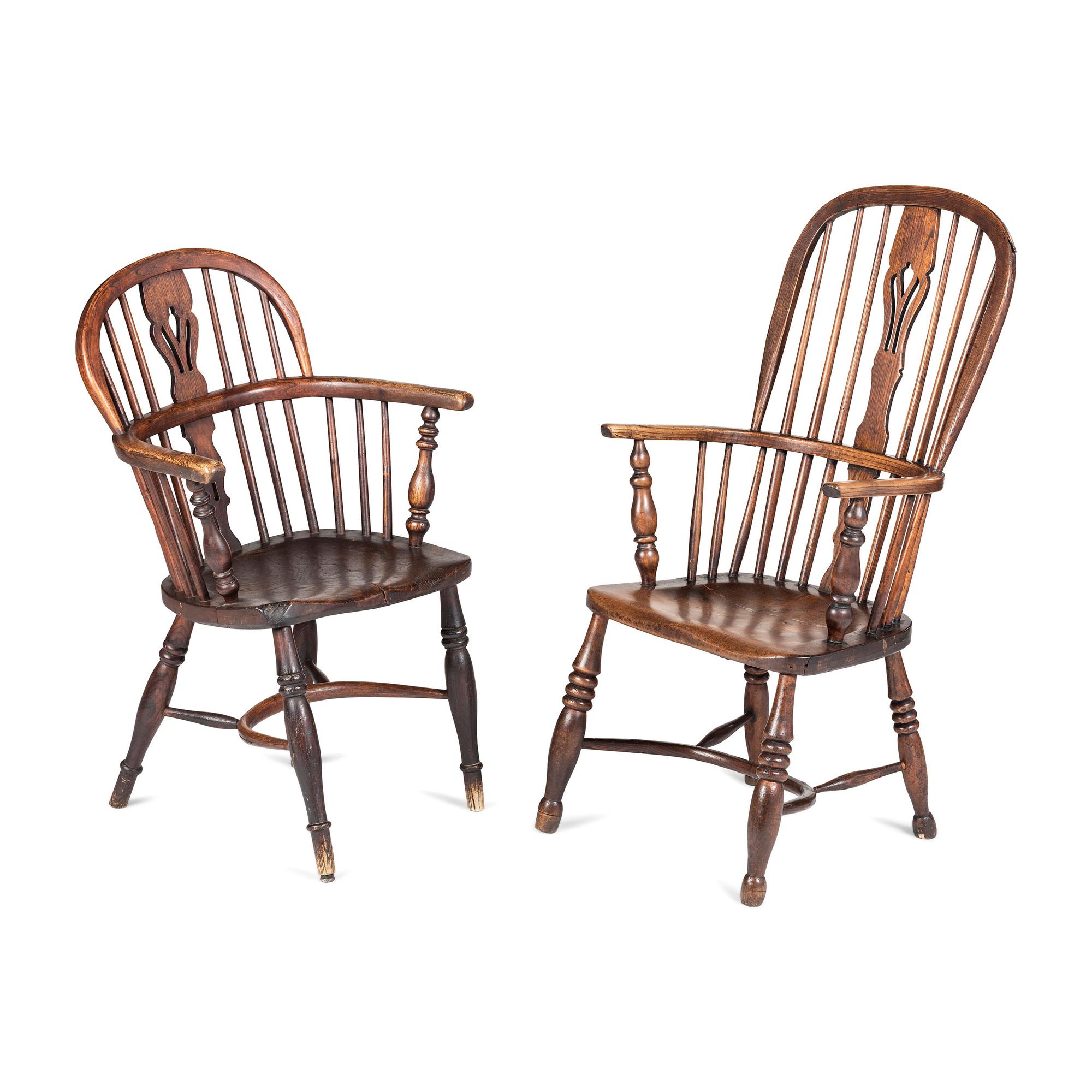 Two English Oak/Elm Carved Windsor Arm Chairs