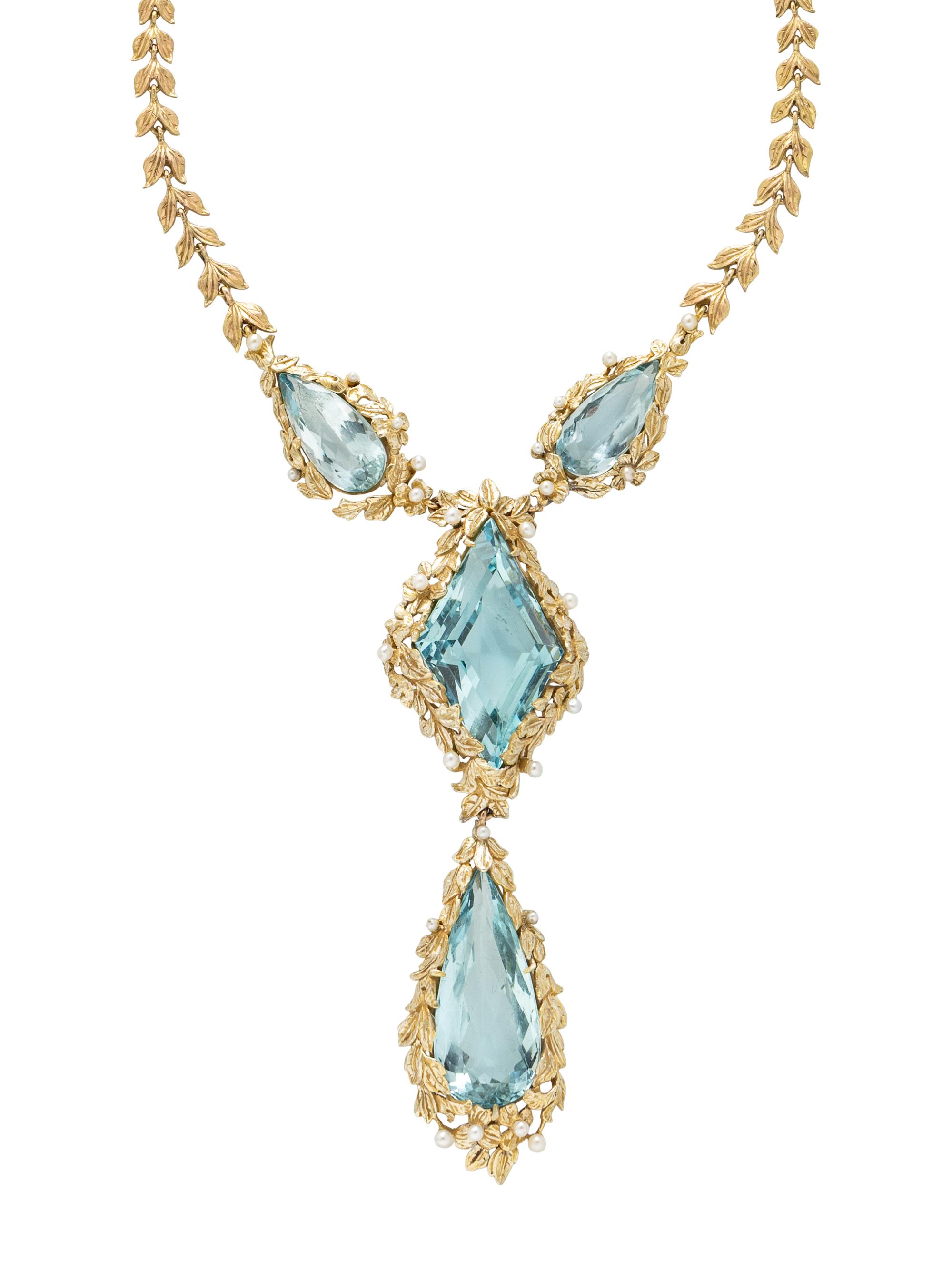 AQUAMARINE, SEED PEARL, AND YELLOW GOLD NECKLACE