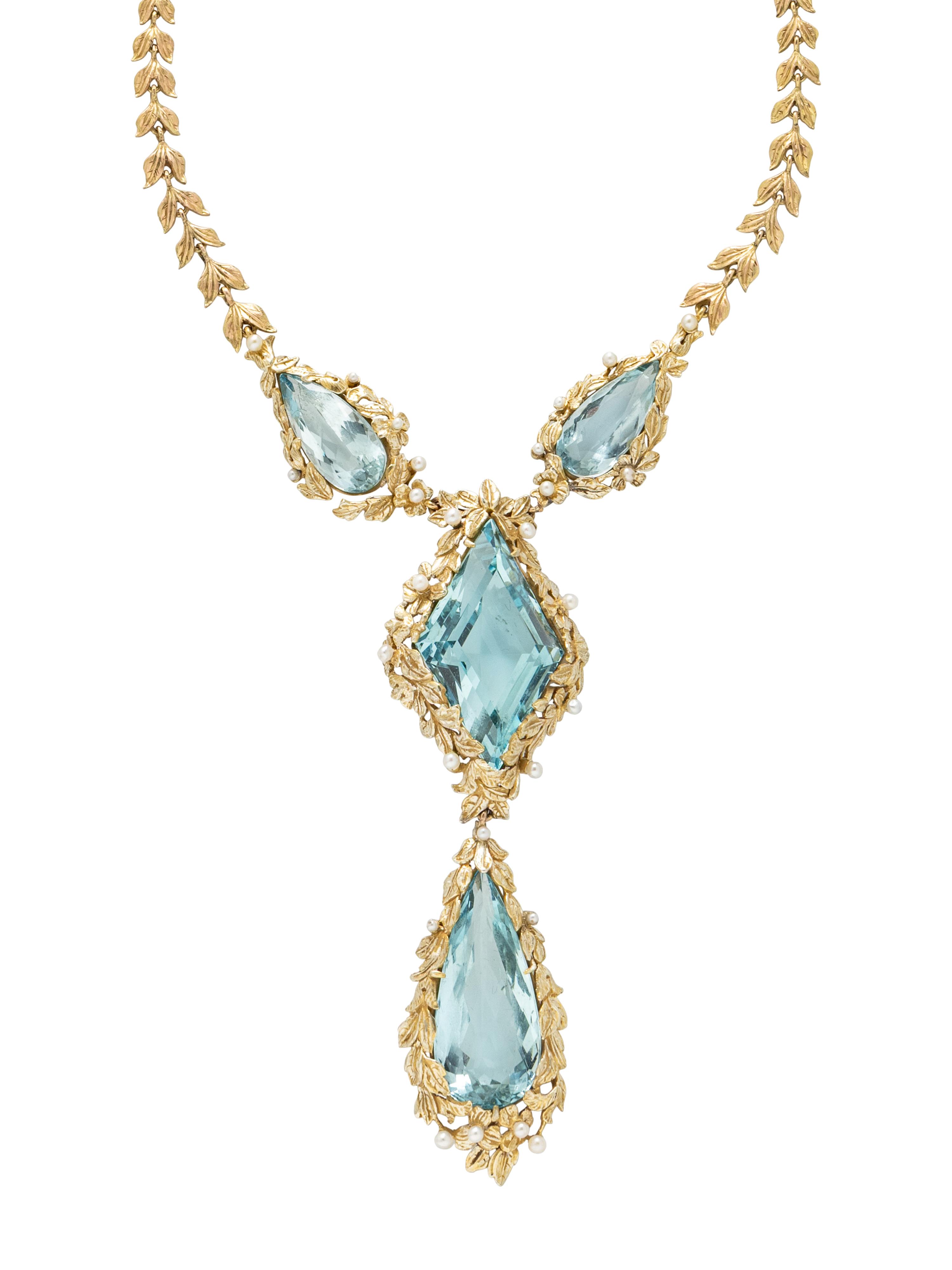 AQUAMARINE, SEED PEARL, AND YELLOW GOLD NECKLACE