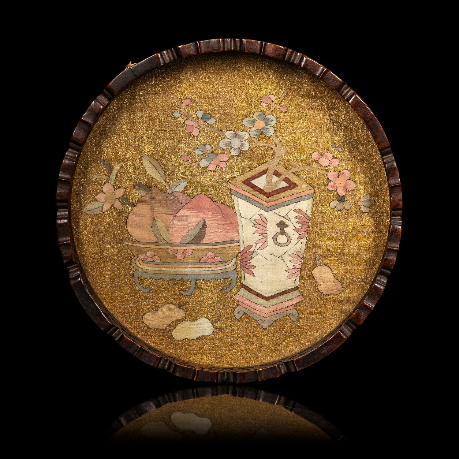 A Chinese Kesi Silk Inset Wood Tray