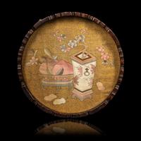 A Chinese Kesi Silk Inset Wood Tray