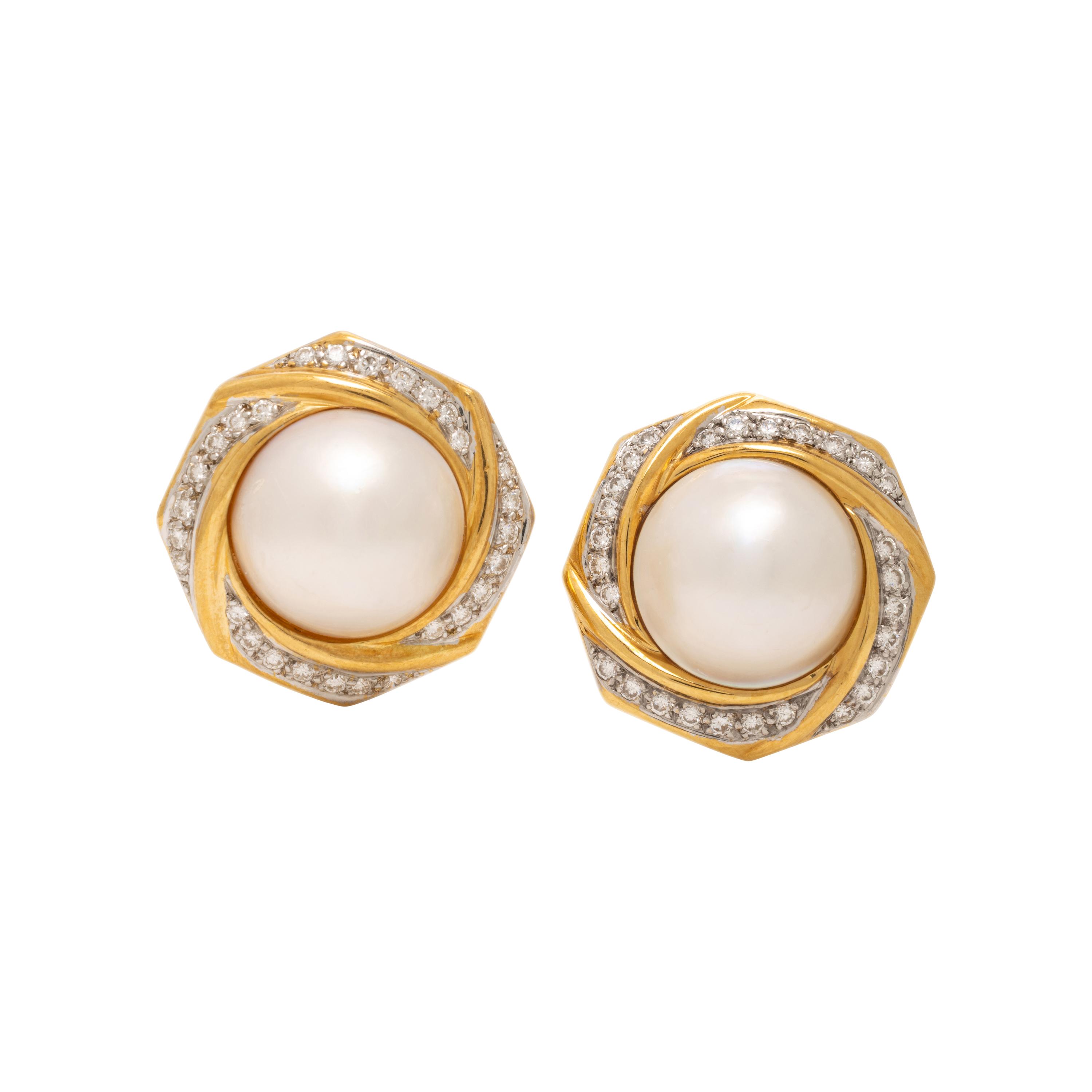 Mabé Pearl, Diamond, and Yellow Gold Earrings