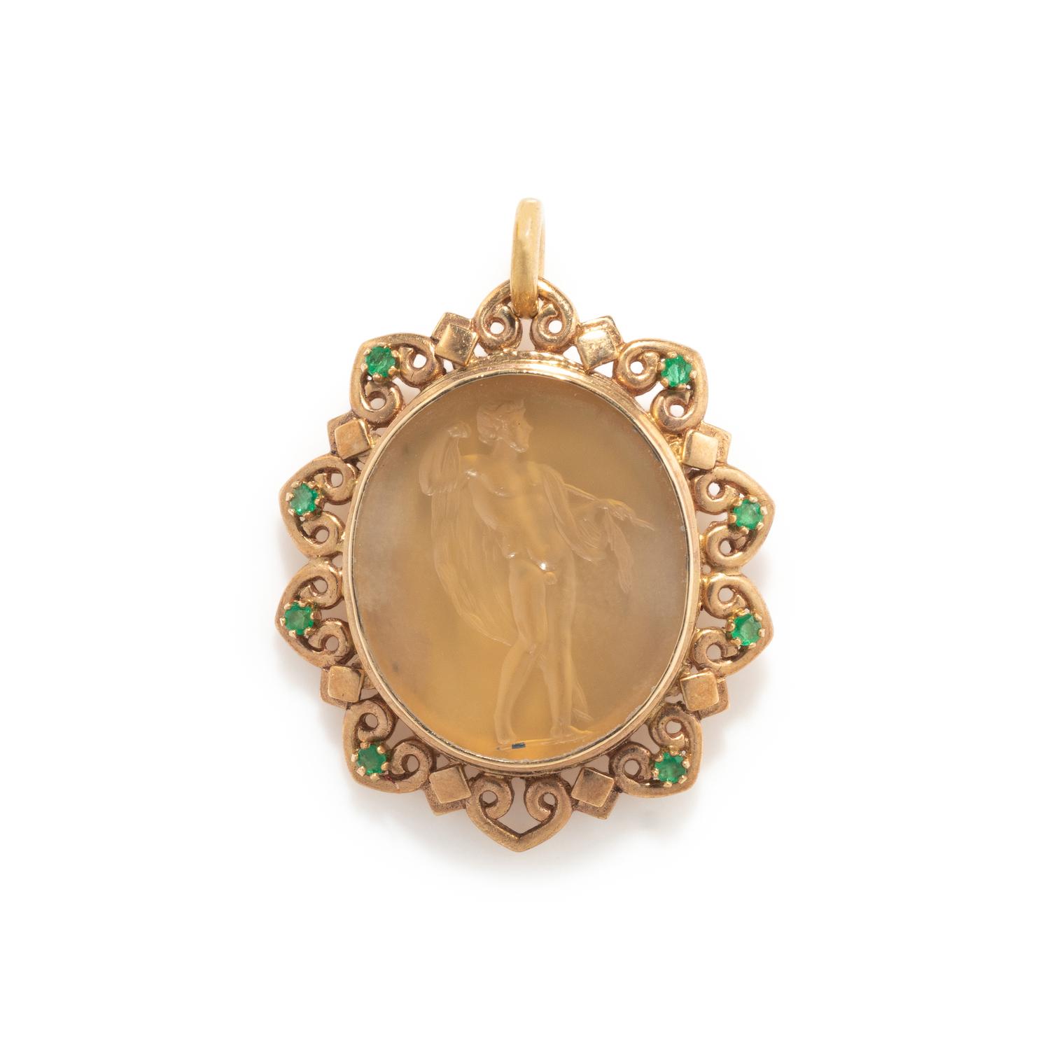 A Neoclassical Gold and Chalcedony Pendant with a Standing Male Figure