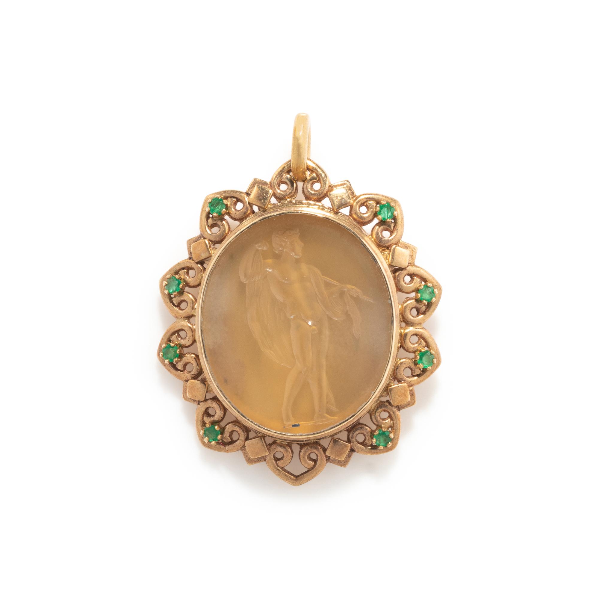 A Neoclassical Gold and Chalcedony Pendant with a Standing Male Figure