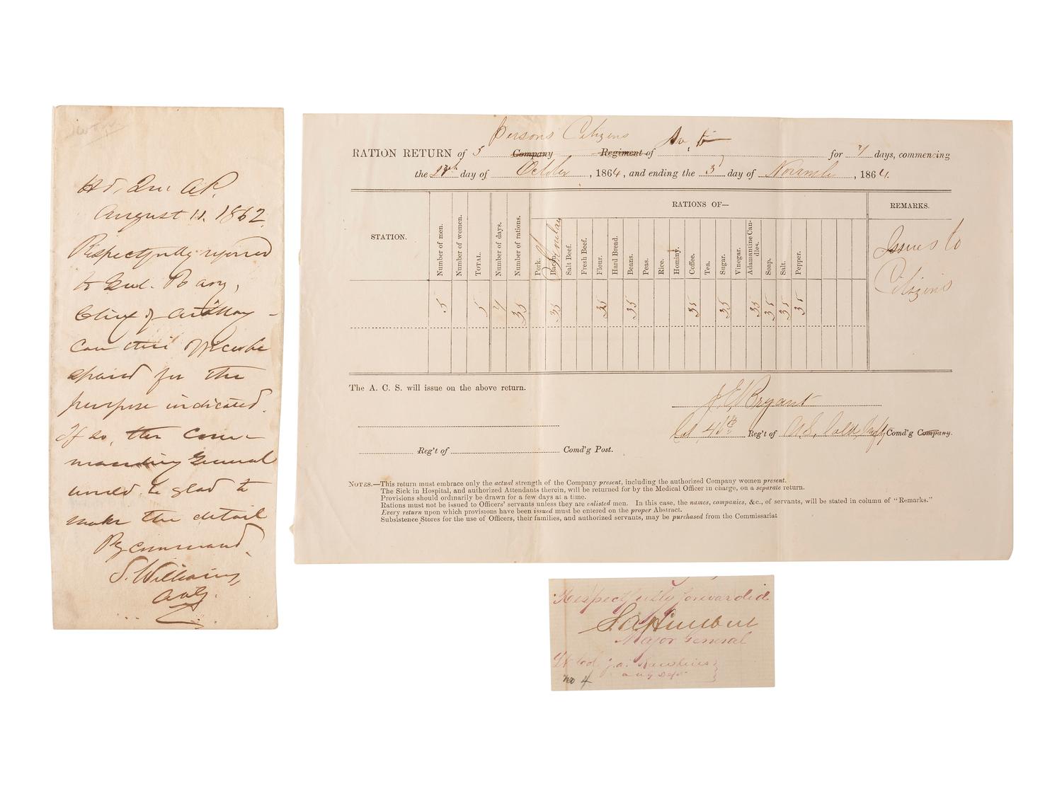 [CIVIL WAR]. Autographs from Civil War soldiers incl. Generals SHERMAN, MCCLELLAN, and BUTLER.