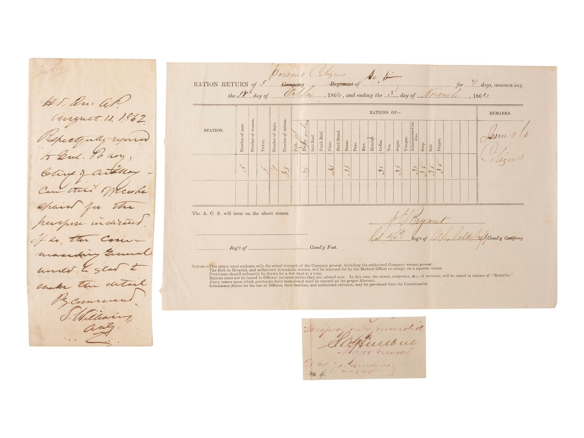 [CIVIL WAR]. Autographs from Civil War soldiers incl. Generals SHERMAN, MCCLELLAN, and BUTLER.