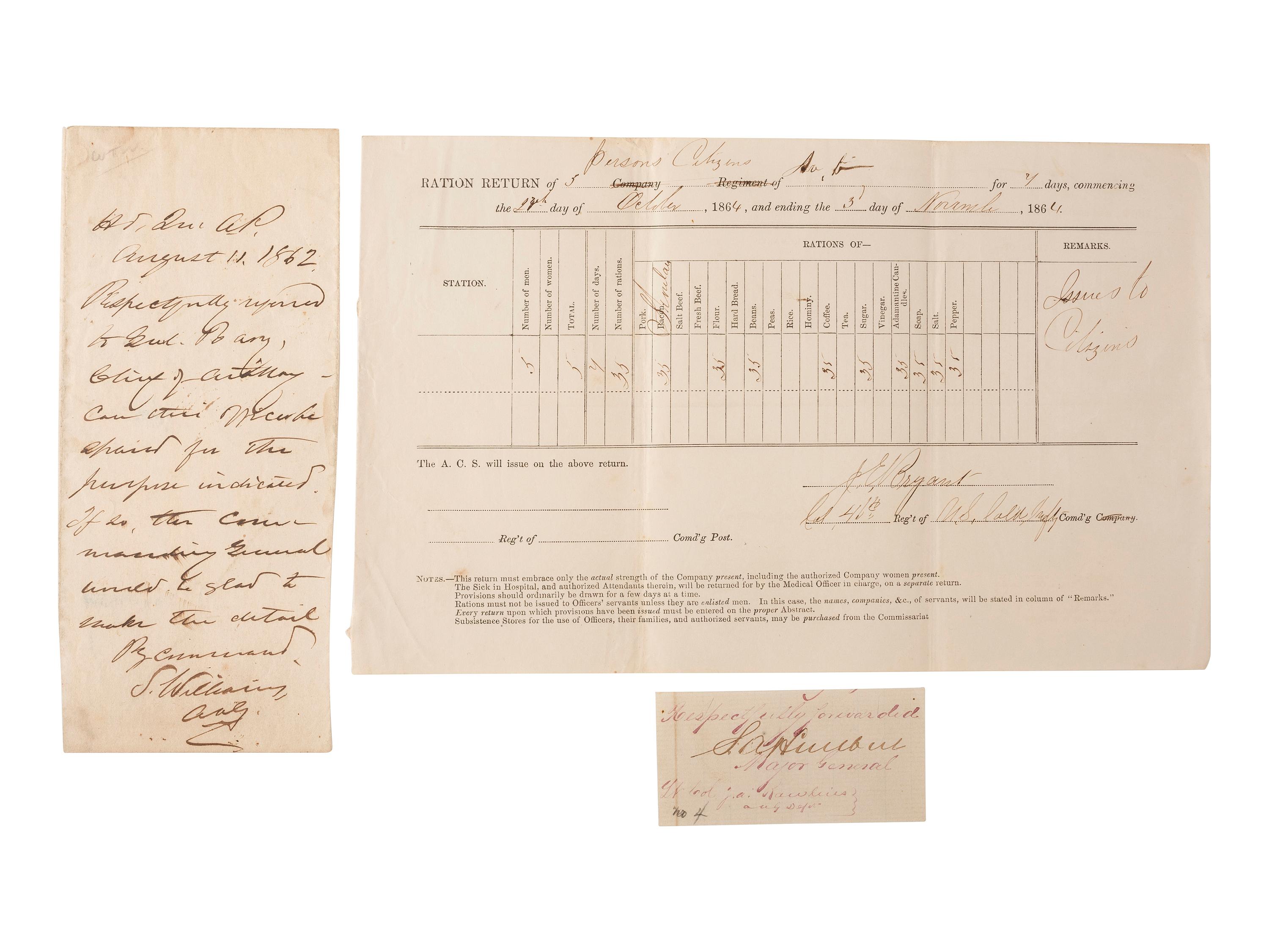 [CIVIL WAR]. Autographs from Civil War soldiers incl. Generals SHERMAN, MCCLELLAN, and BUTLER.