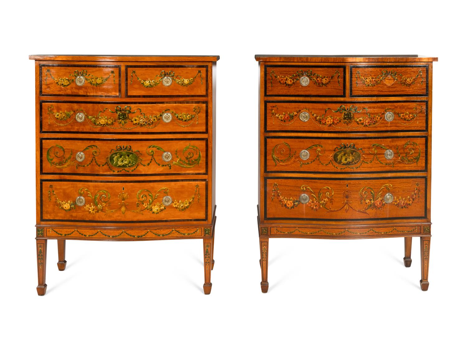 A Pair of Edwardian Paint-Decorated Satinwood Five-Drawer Chests