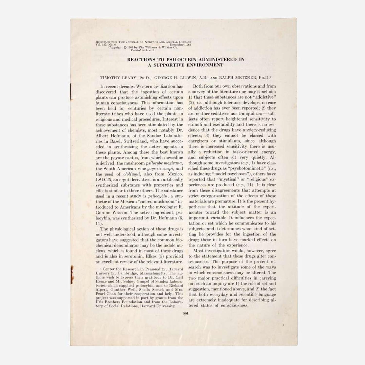 [Counter-Culture] Leary, Timothy, and George H. Litwin and Ralph Metzner Reactions to Psilocybin Administered in a Supportive Environment