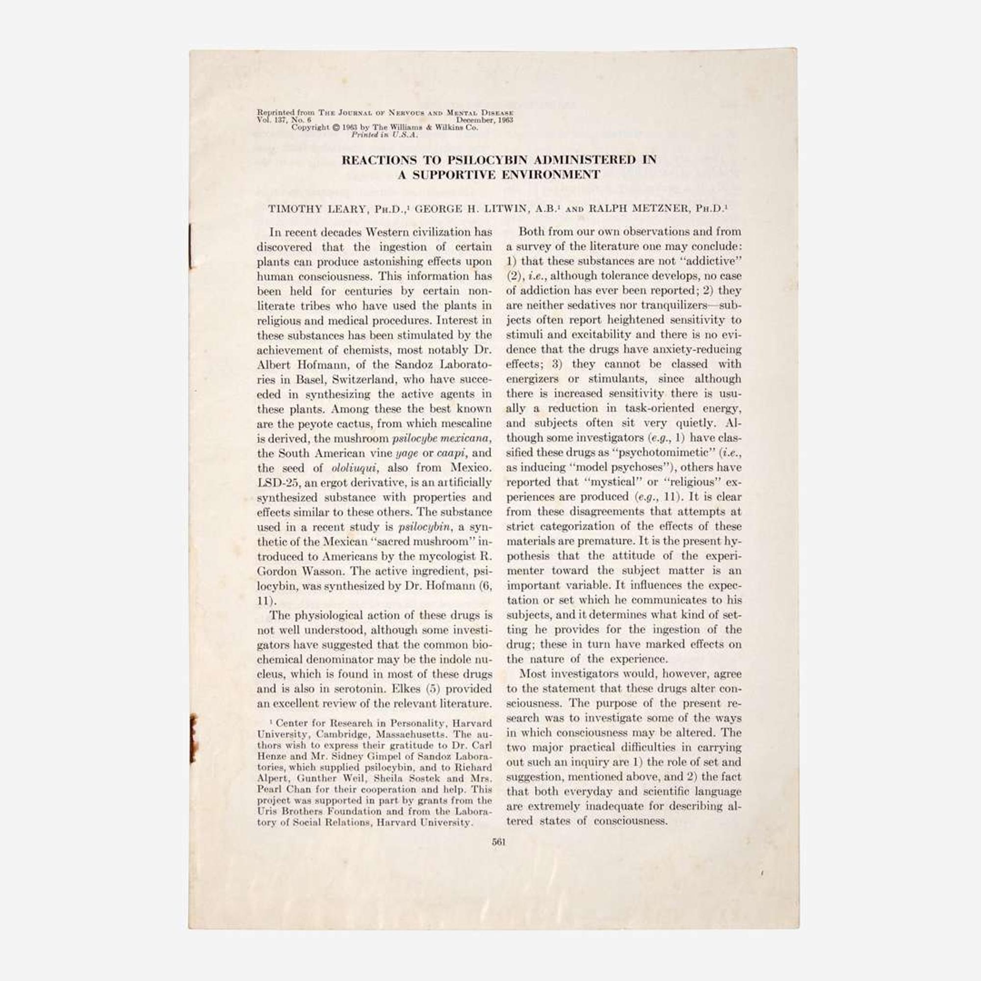 [Counter-Culture] Leary, Timothy, and George H. Litwin and Ralph Metzner Reactions to Psilocybin Administered in a Supportive Environment