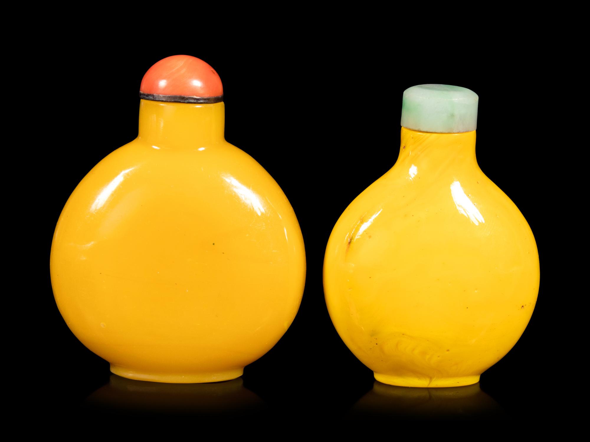 Two Chinese Oqaque Yellow Glass Snuff Bottles