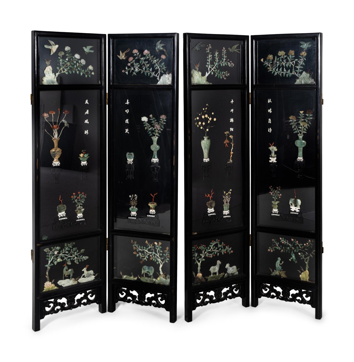 A Chinese Export Four-Panel Black Lacquer and Soapstone Floor Screen