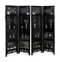A Chinese Export Four-Panel Black Lacquer and Soapstone Floor Screen