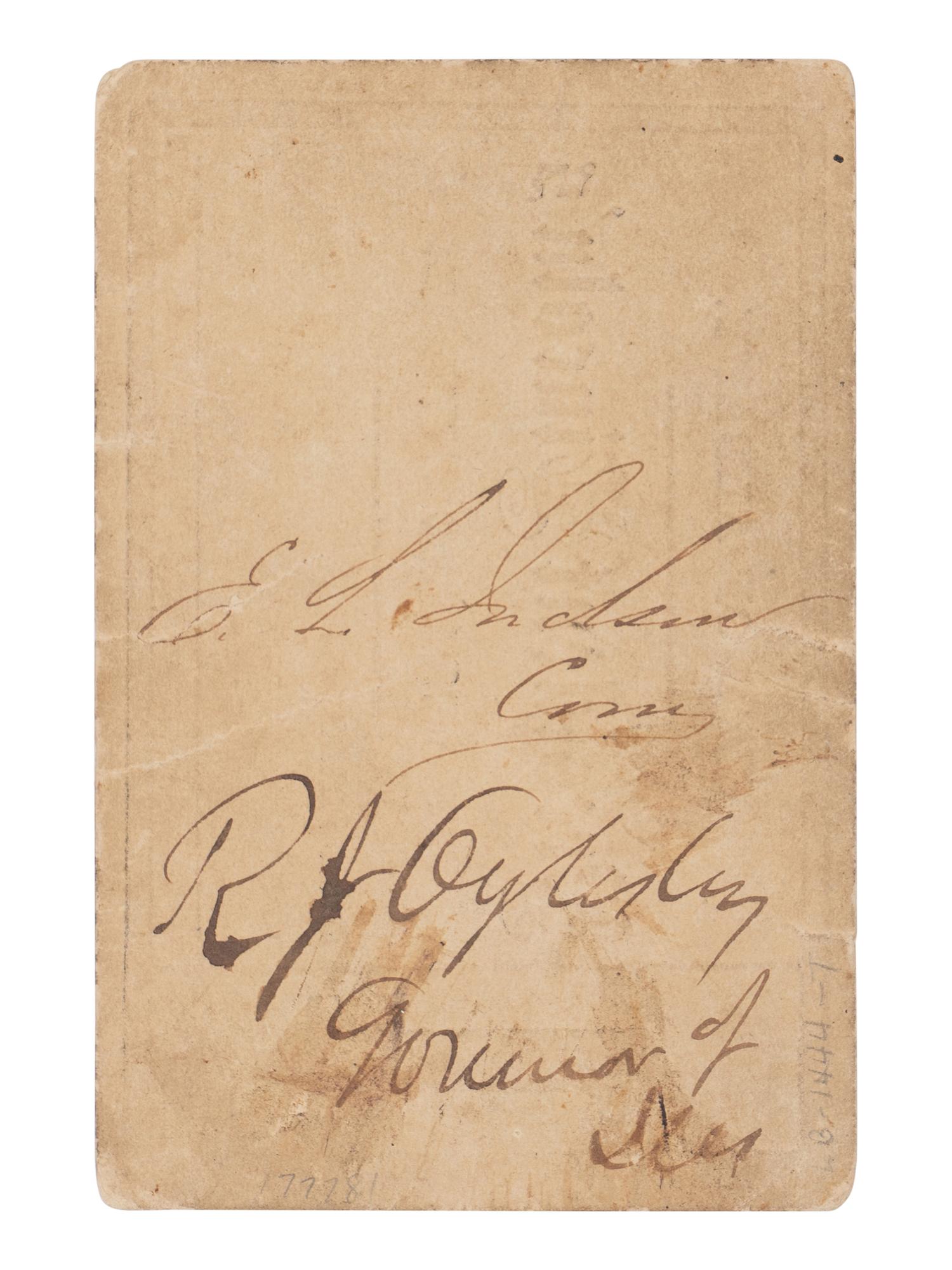 [LINCOLN FUNERAL]. Partly printed ticket issued to Illinois Governor R.J. Oglesby, Albany, New York, [25-26] April 1865.