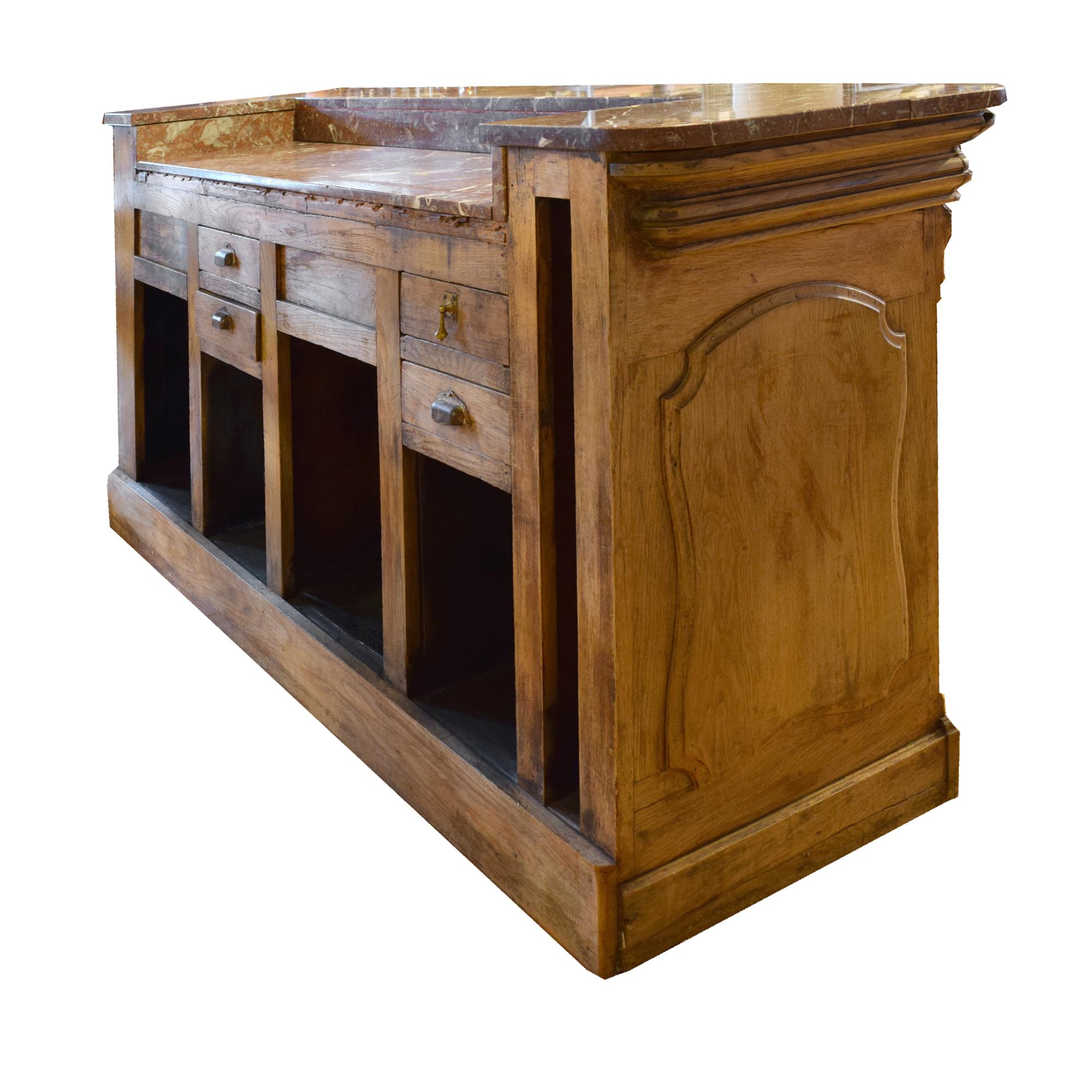 An Oak and Marble Desk/Bar 80" W x 25.25" D x 42.5" H — France, Circa 1920