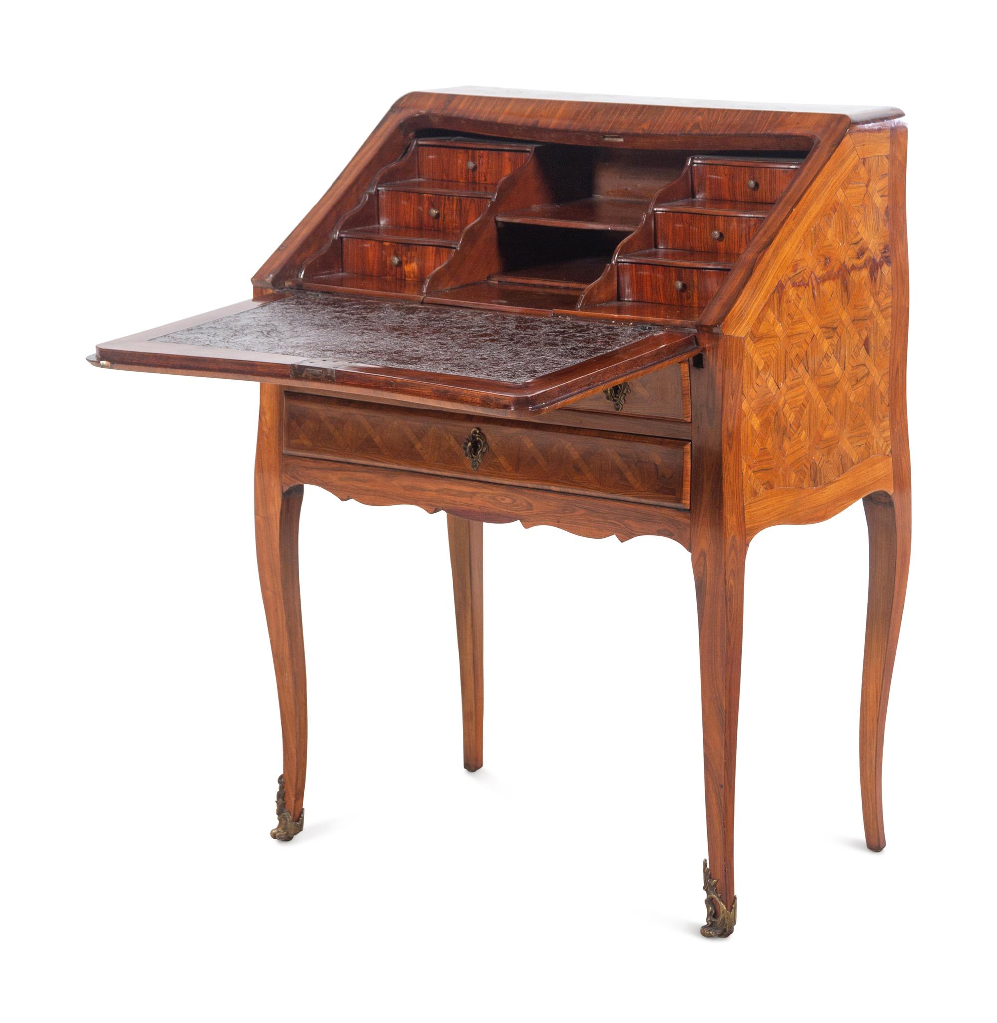 A Louis XV Style Tulipwood and Parquetry Slant-Front Bureau