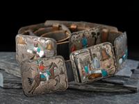 Navajo Silver Storyteller Concha Belt, with Inlay