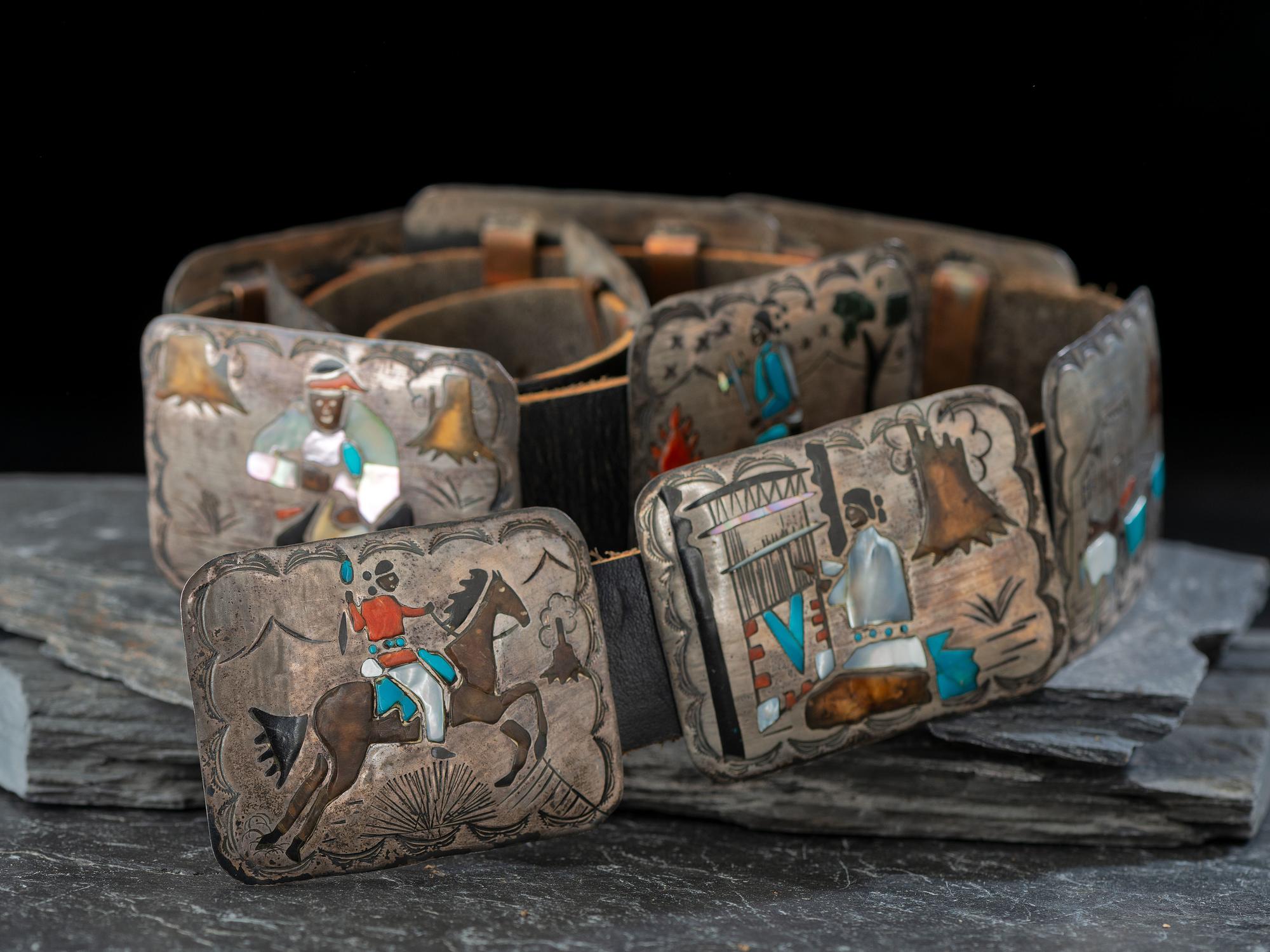 Navajo Silver Storyteller Concha Belt, with Inlay