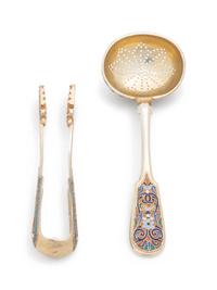 A Russian Silver-Gilt and Enameled Sugar Bowl, Tongs and Scoop