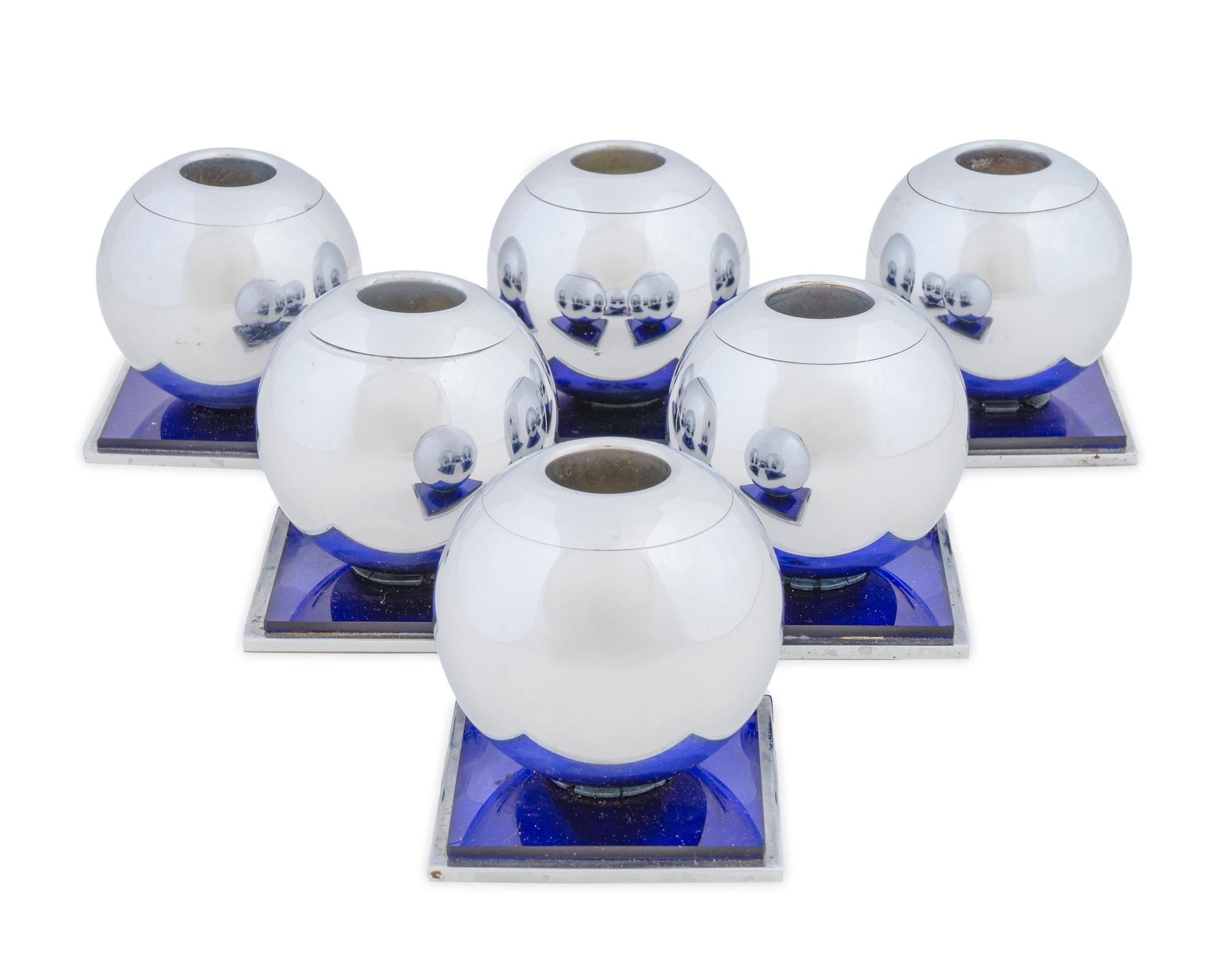 A Set of Six Chase Modernist Chrome and Cobalt Blue Glass Bubble Candlesticks — Circa 1940