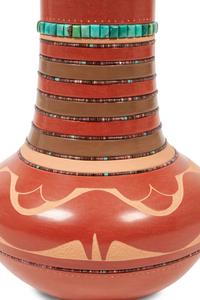 Carved Redware Lidded Jar, with Turquoise and Heishi Beads