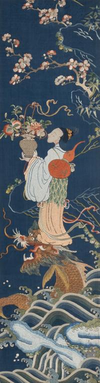 Two Chinese Embroidered Silk Panels, 19th Century 清晚期 藍地麻姑獻壽及雙龍戲珠綉片兩幅