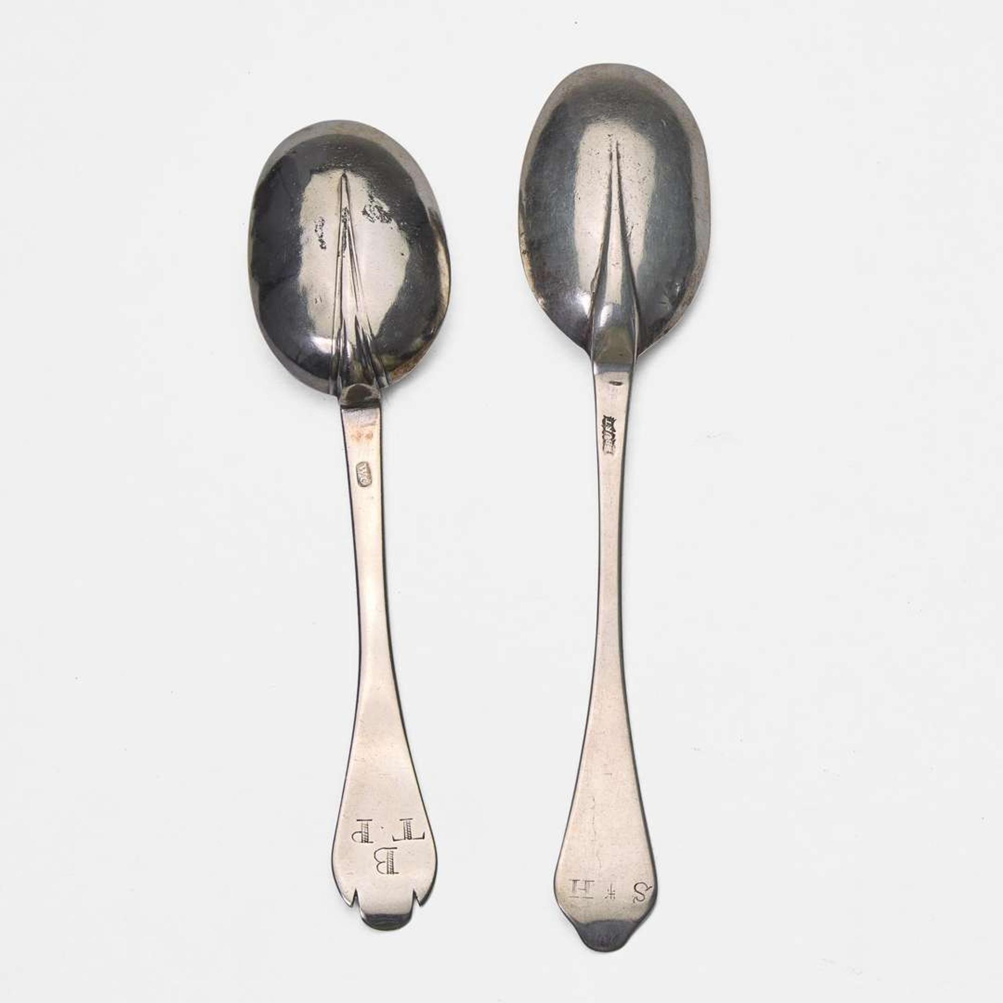 Two silver tablespoons William Cowell, Sr. (1682-1736) and John Burt (1692-1745), Boston, MA, circa 1710 and 1715