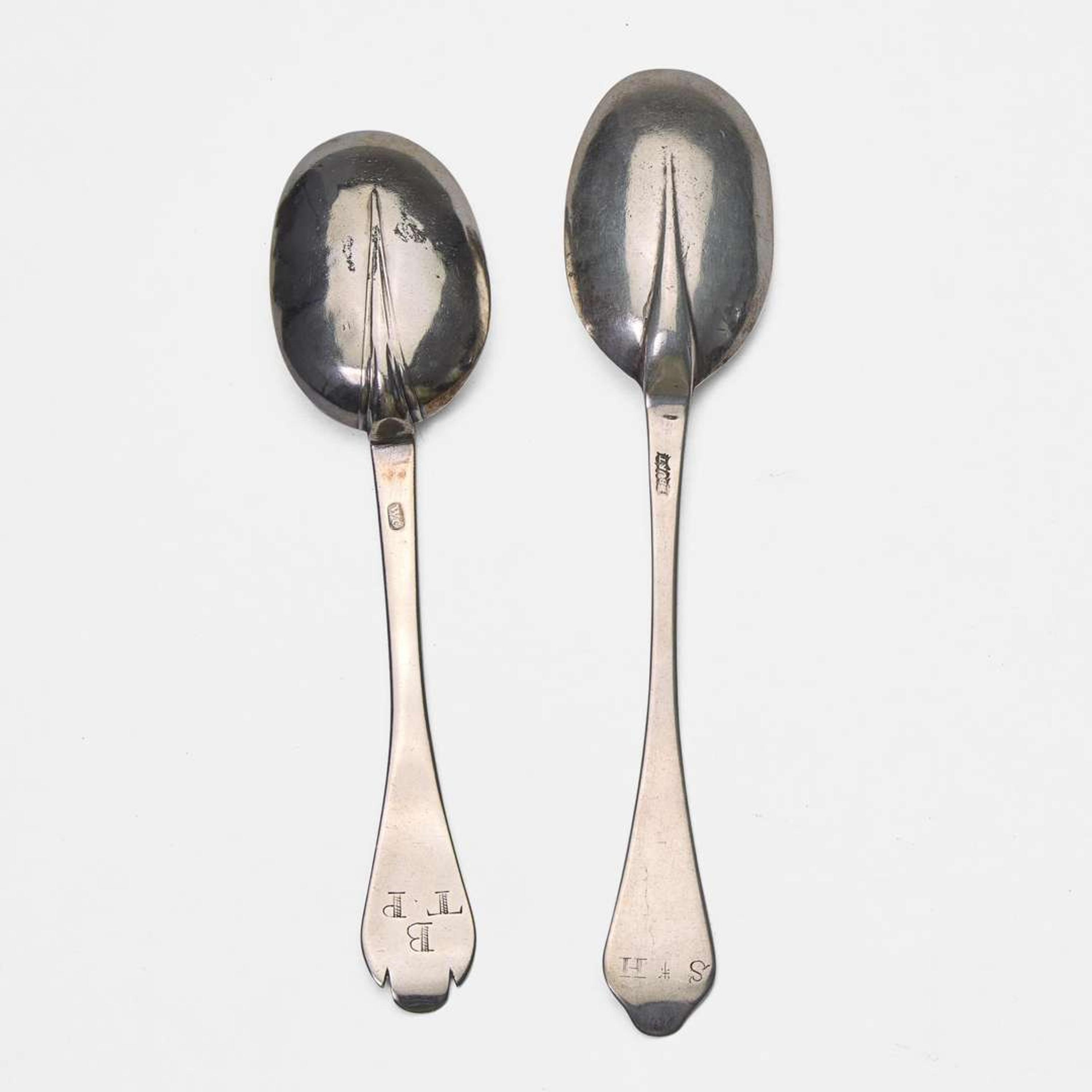 Two silver tablespoons William Cowell, Sr. (1682-1736) and John Burt (1692-1745), Boston, MA, circa 1710 and 1715