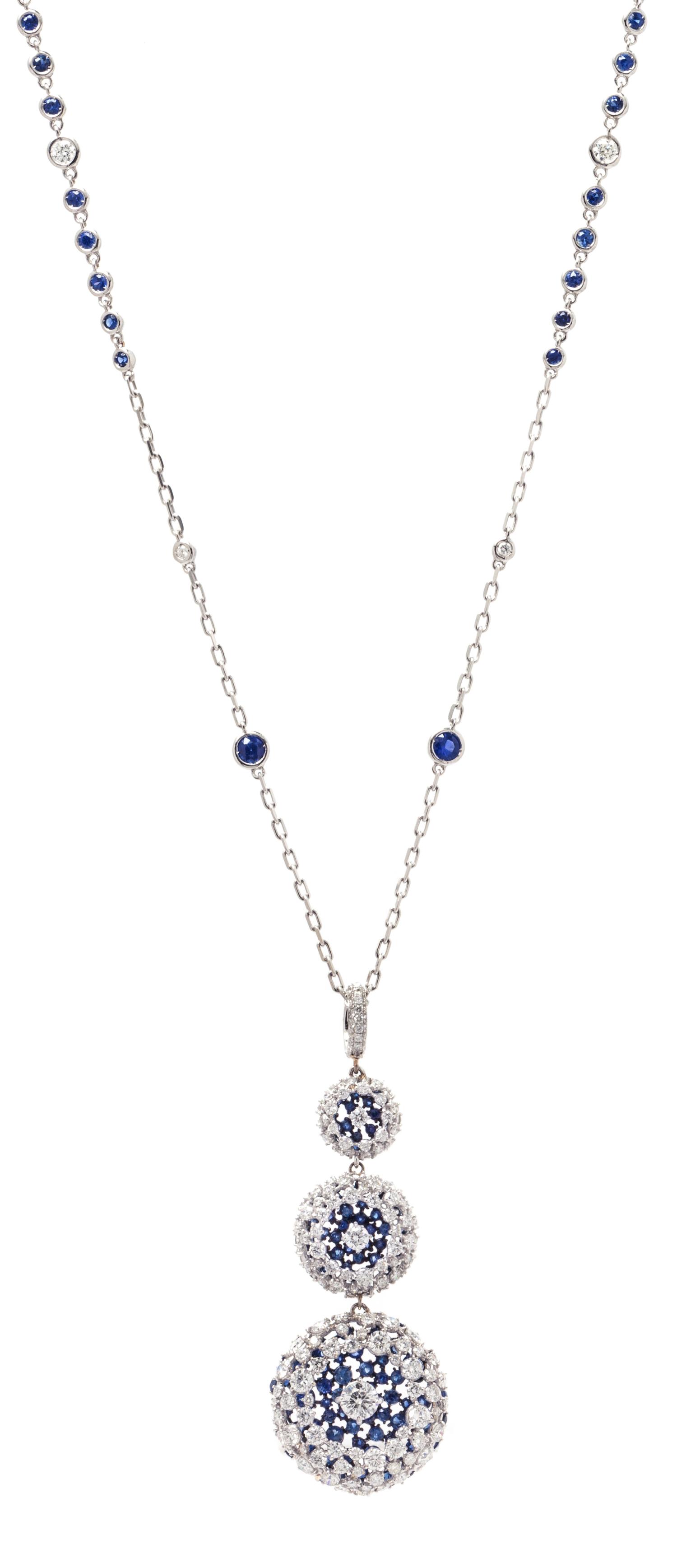 A Black Rhodium 18 Karat White Gold, Diamond and Sapphire 'PonPon' Pendant/Necklace, Mariani, 12.60 dwts.
