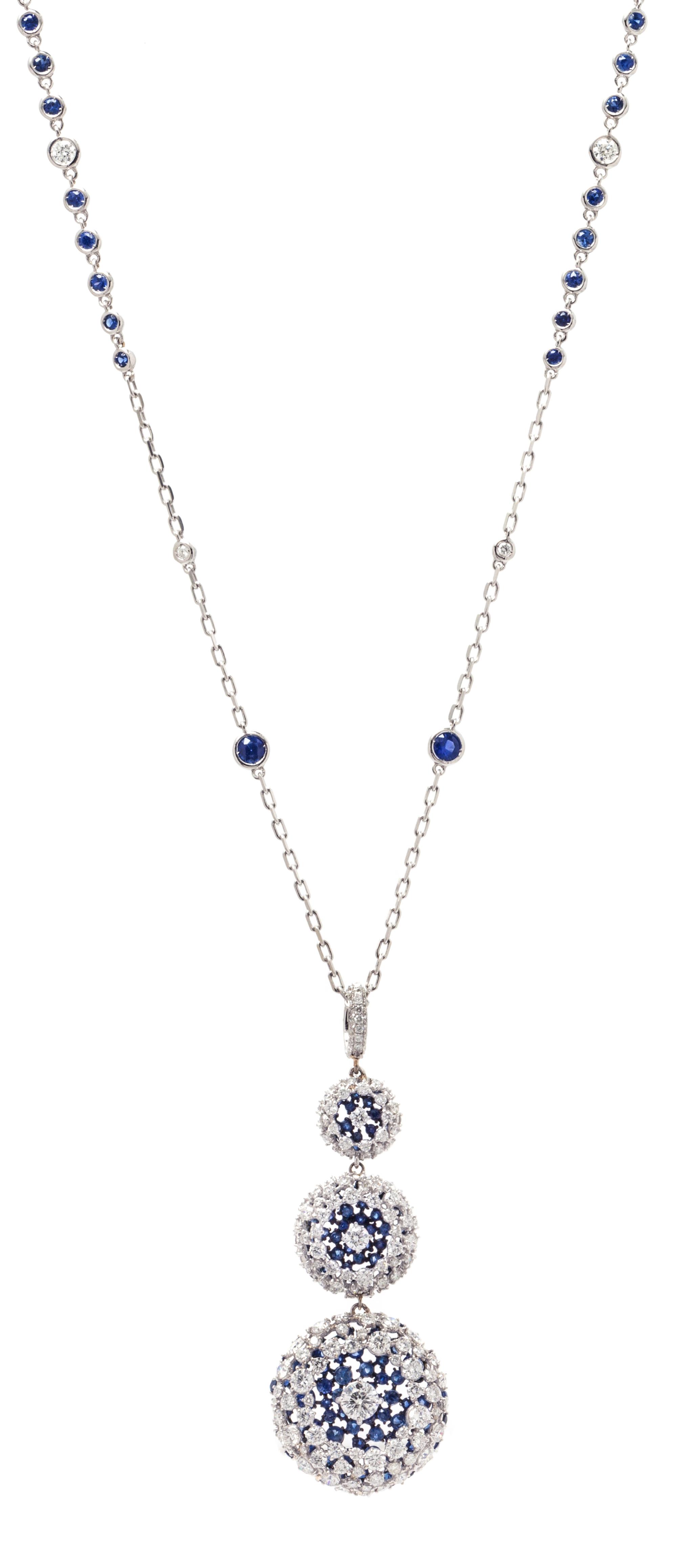 A Black Rhodium 18 Karat White Gold, Diamond and Sapphire 'PonPon' Pendant/Necklace, Mariani, 12.60 dwts.