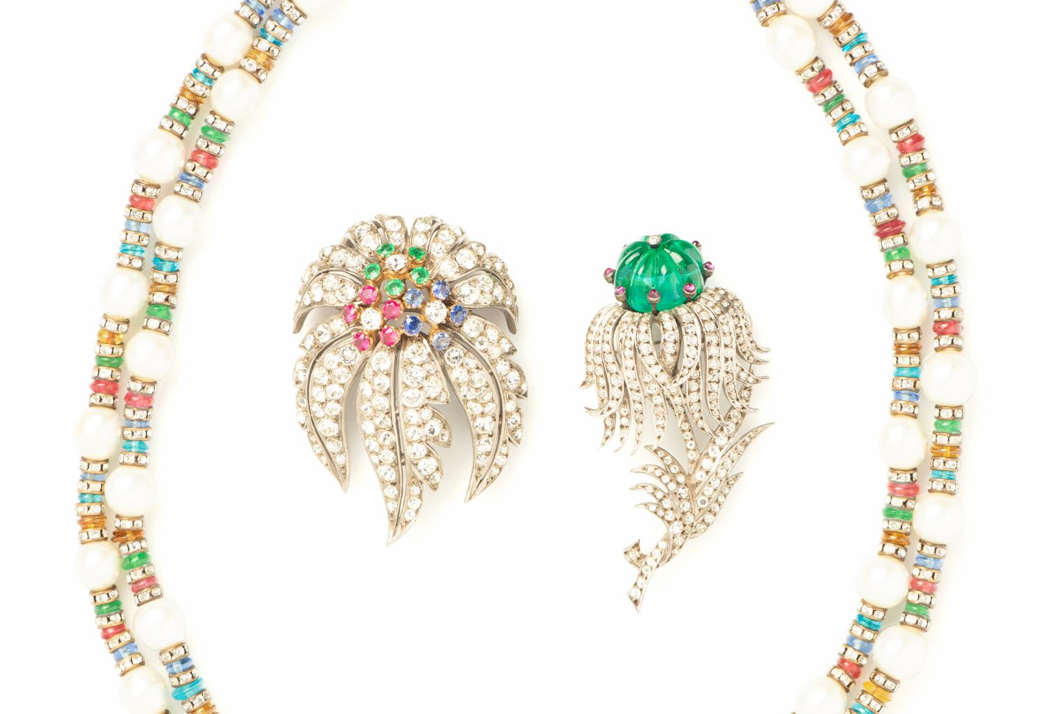 Three Unlabeled Costume Jewelry Pieces: Necklace Attributed to Chanel, 1954-1974 and Two Brooches, Attributed to Grosse/Bijoux for Dior