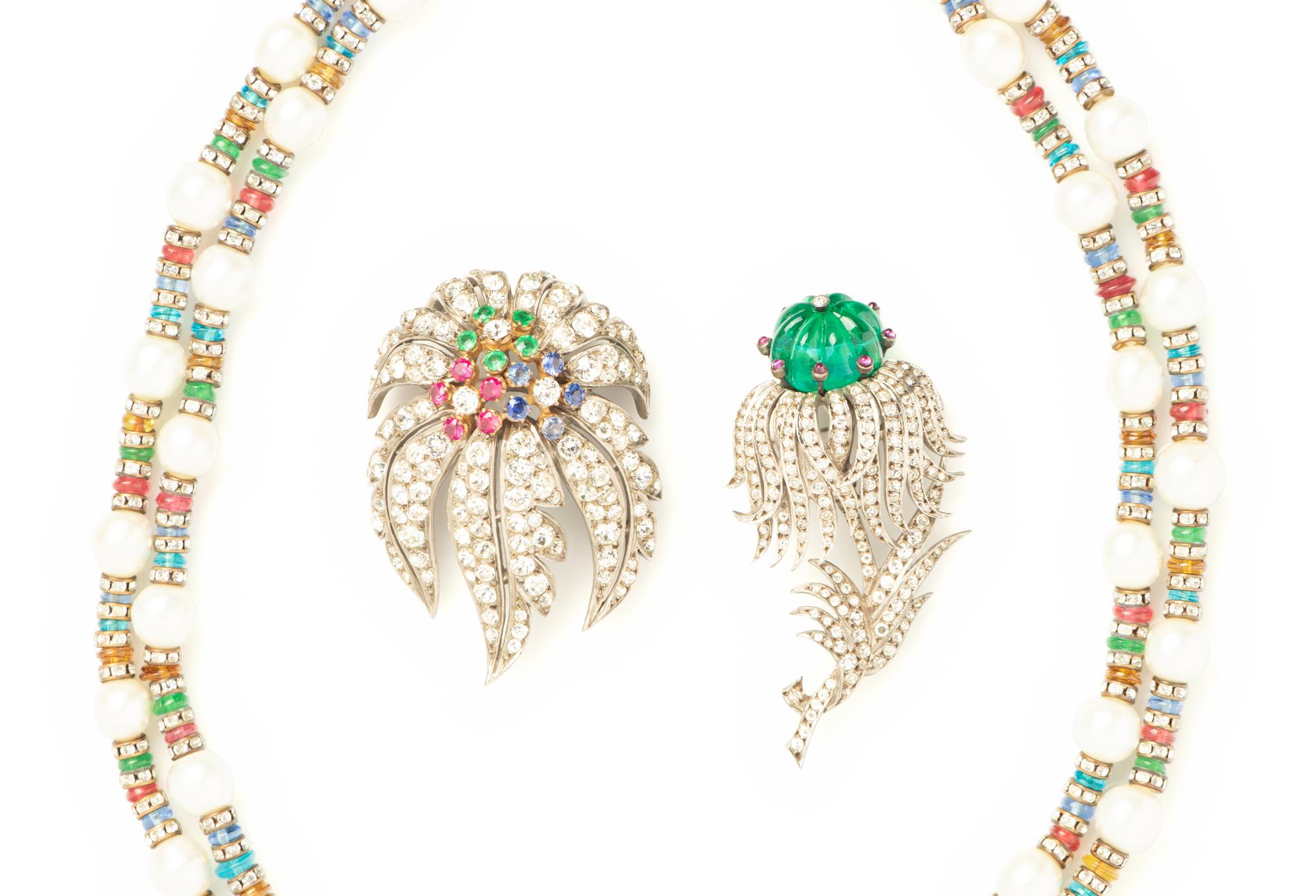 Three Unlabeled Costume Jewelry Pieces: Necklace Attributed to Chanel, 1954-1974 and Two Brooches, Attributed to Grosse/Bijoux for Dior