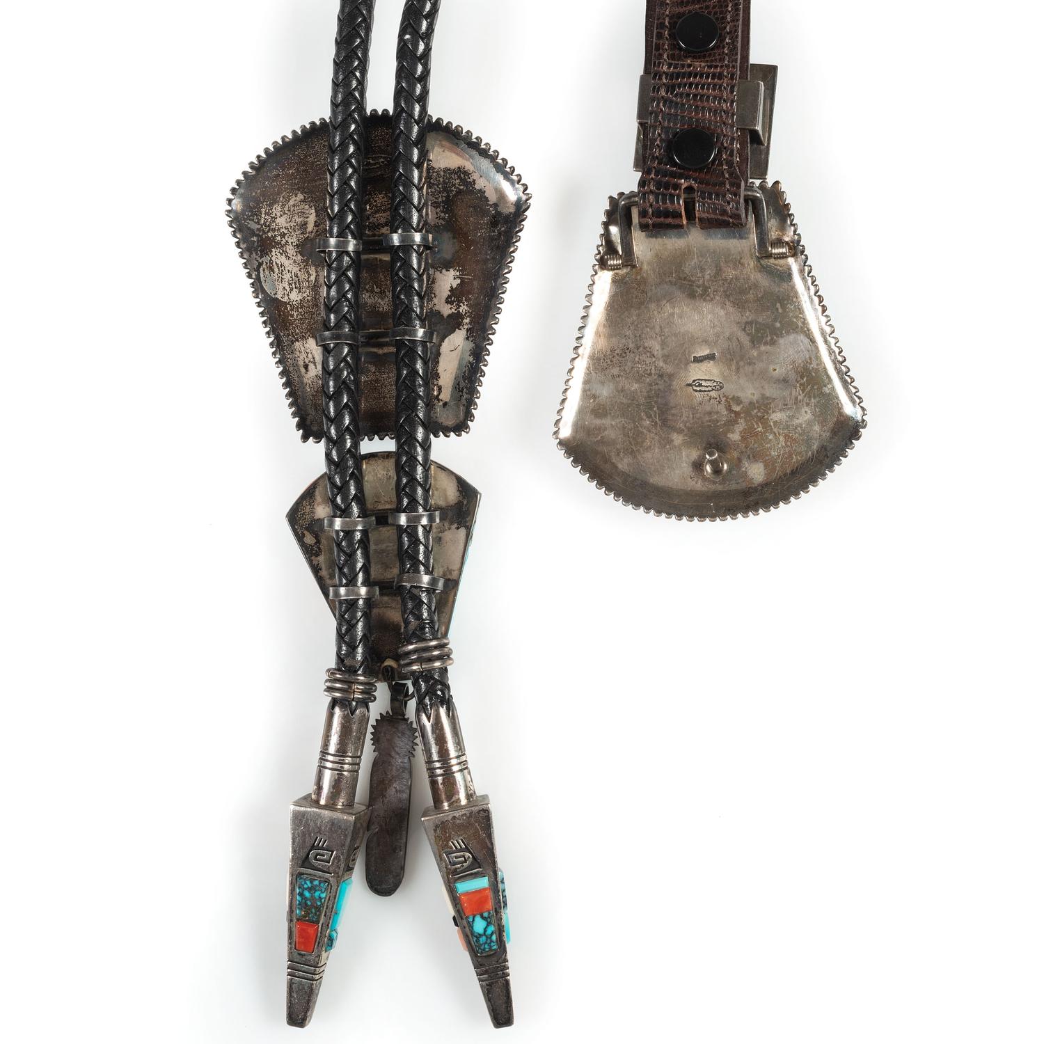Sterling Silver and Mosaic Inlay Bolo Tie and Ranger Set