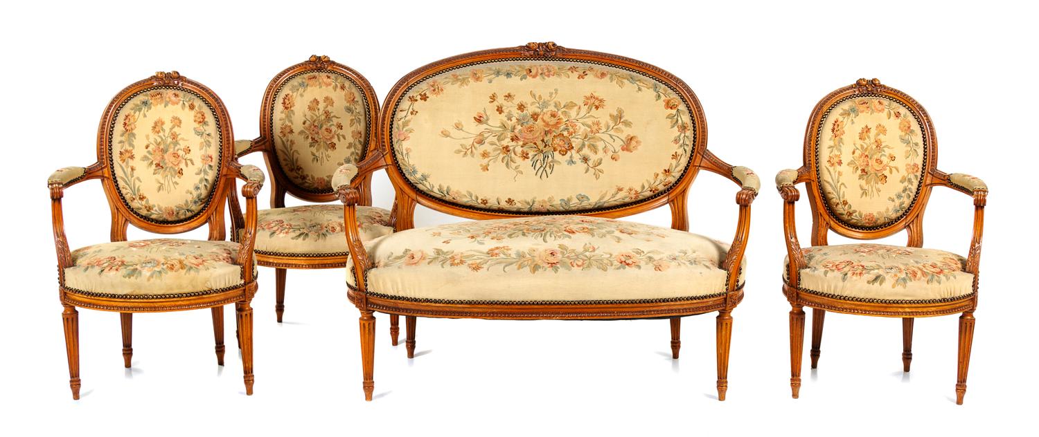 A Louis XVI Style Salon Suite Height of settee 39 1/2 x width 50 x depth 28 inches. — 20TH CENTURY