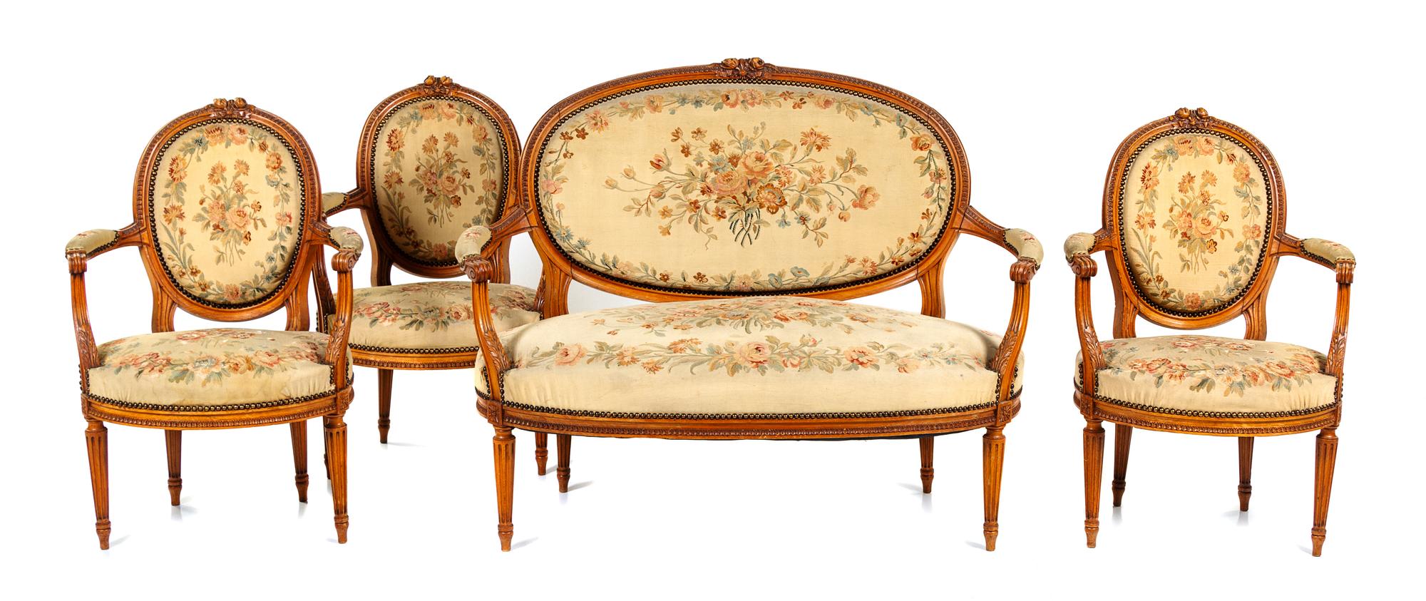 A Louis XVI Style Salon Suite Height of settee 39 1/2 x width 50 x depth 28 inches. — 20TH CENTURY