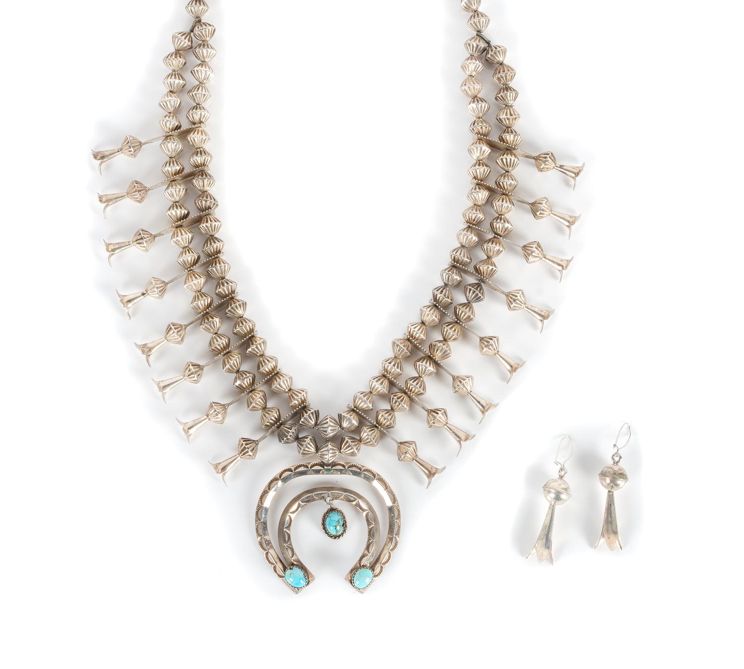 Southwestern Silver and Turquoise Squash Blossom Necklace Length 24 inches