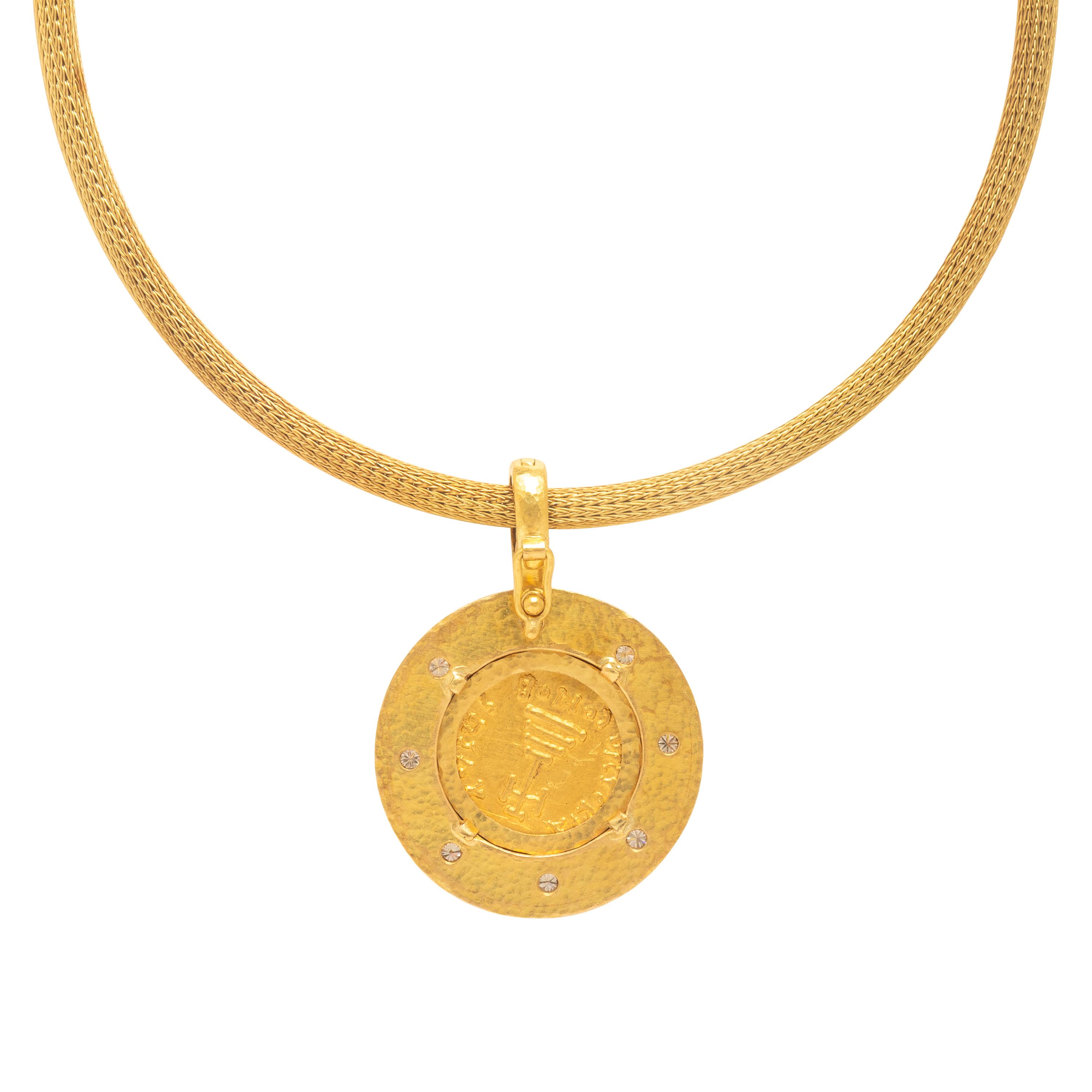 Elizabeth Locke, Yellow Gold and Diamond Ancient Coin Pendant with Unsigned Chain