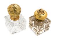 Two Brass Mounted Glass Inkwells Height of taller 5 inches.