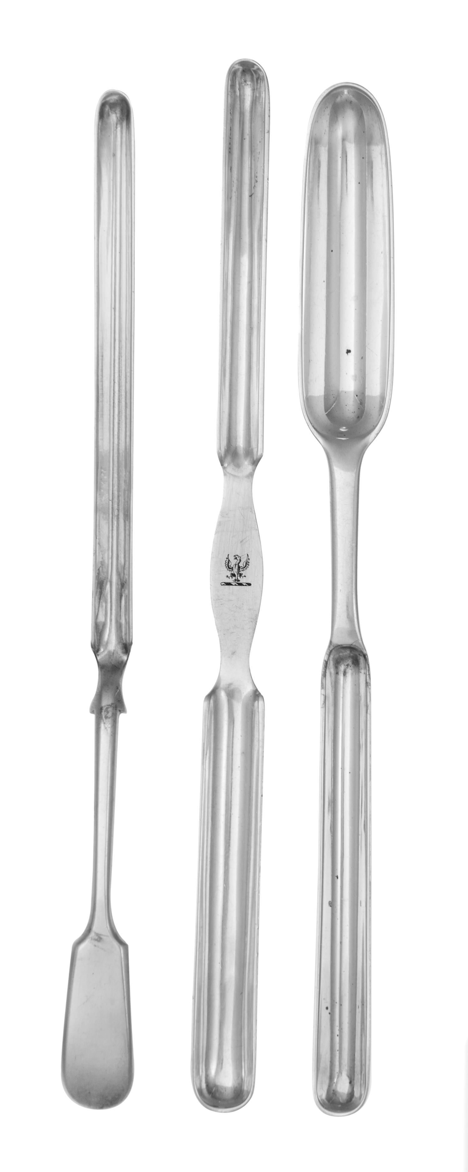An Edwardian Silver Marrow Scoop, Goldsmiths & Silversmiths Co. Ltd., London, 1910, together with two silver-plate examples.