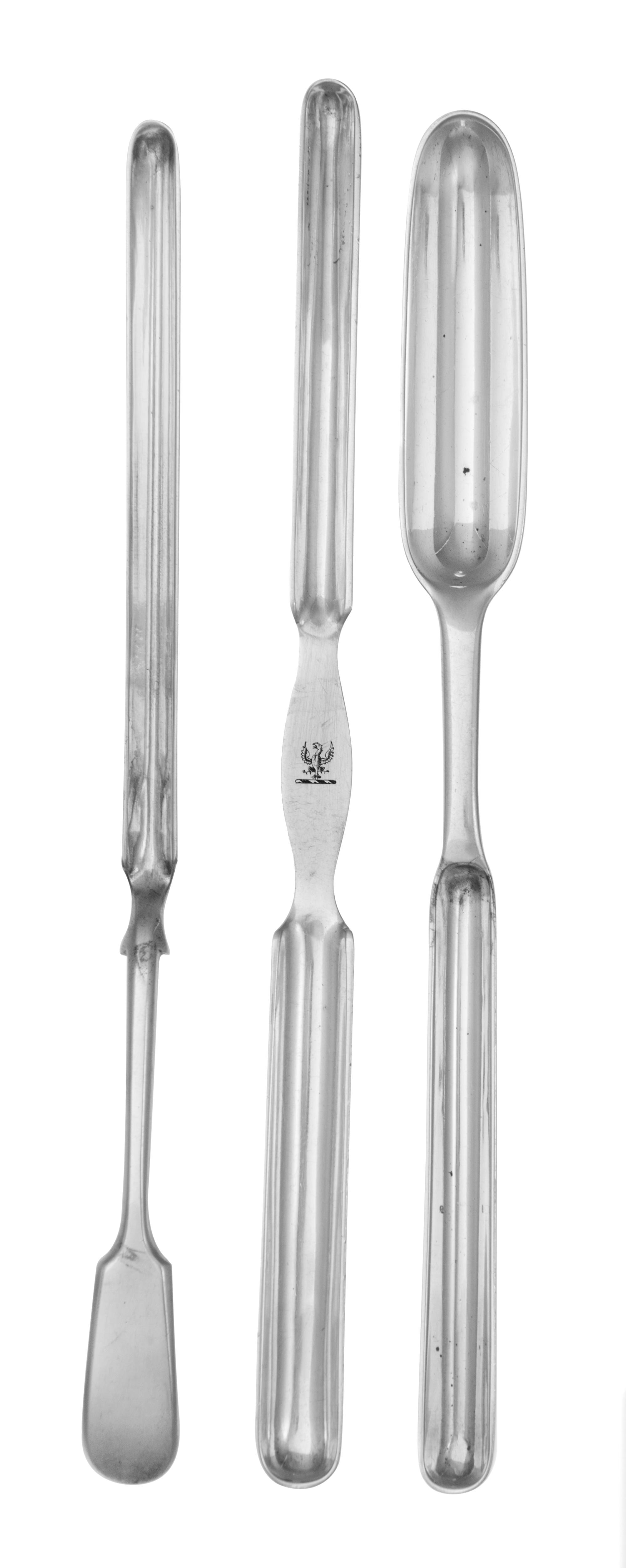 An Edwardian Silver Marrow Scoop, Goldsmiths & Silversmiths Co. Ltd., London, 1910, together with two silver-plate examples.