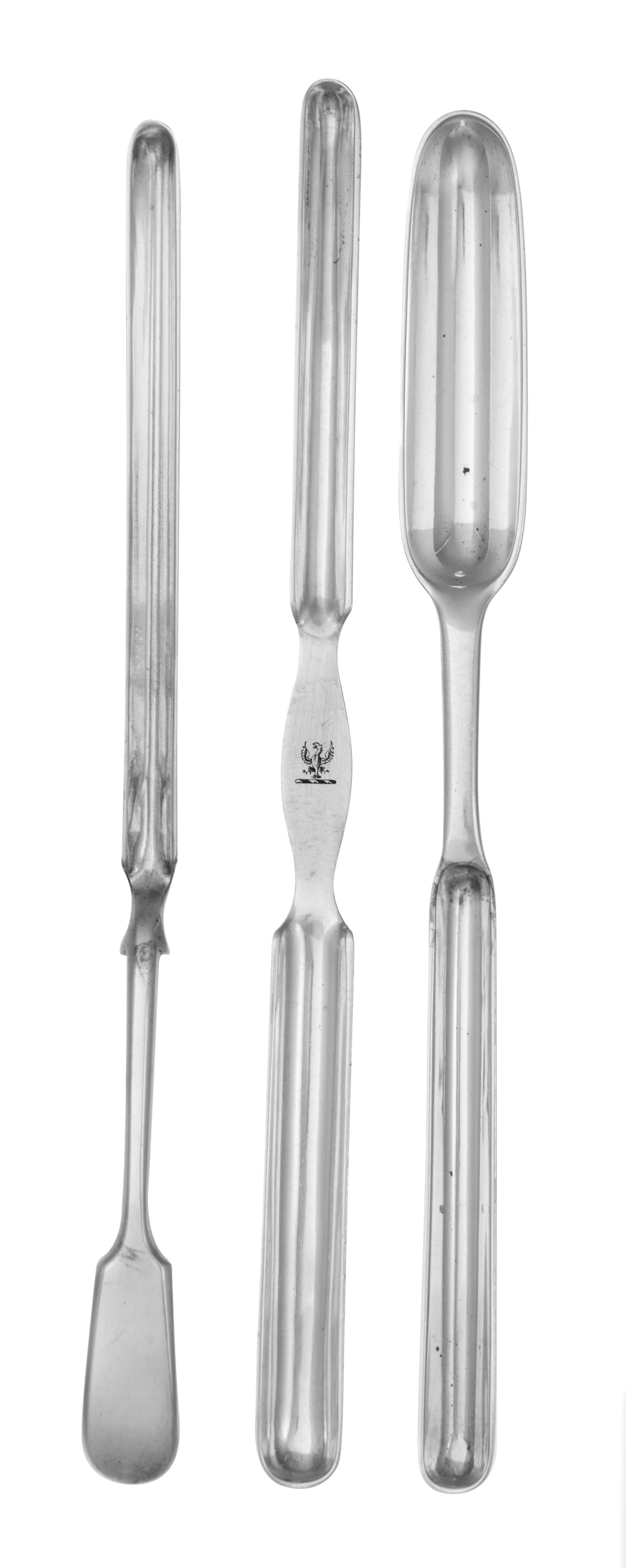 An Edwardian Silver Marrow Scoop, Goldsmiths & Silversmiths Co. Ltd., London, 1910, together with two silver-plate examples.